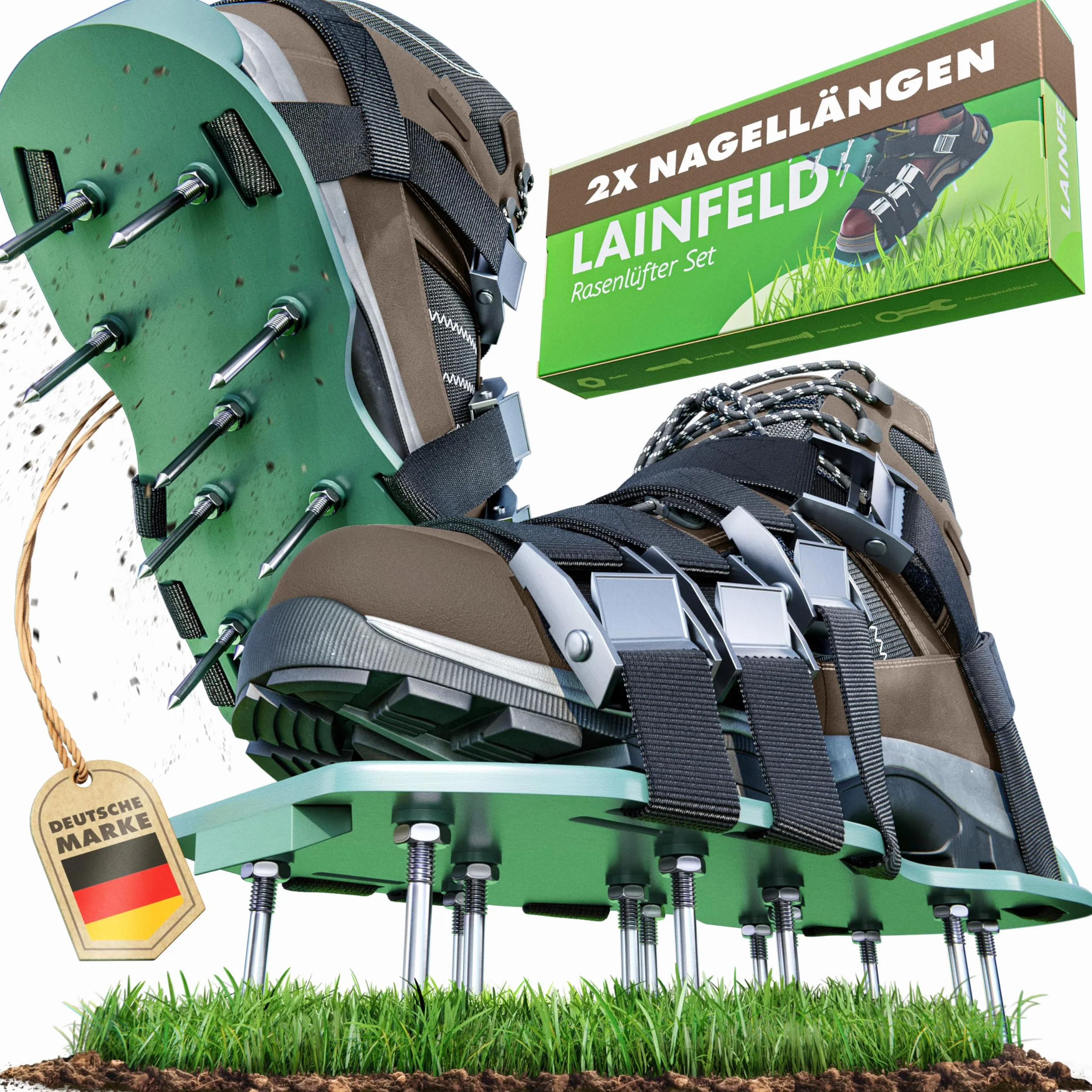 LAINFELD Aeratore per prato | Scarpe per unghie con chiodi corti e lunghi | Aeratore per prato con 4 cinghie | scarificatore per prati | Aerifizzatori scarpe da giardino