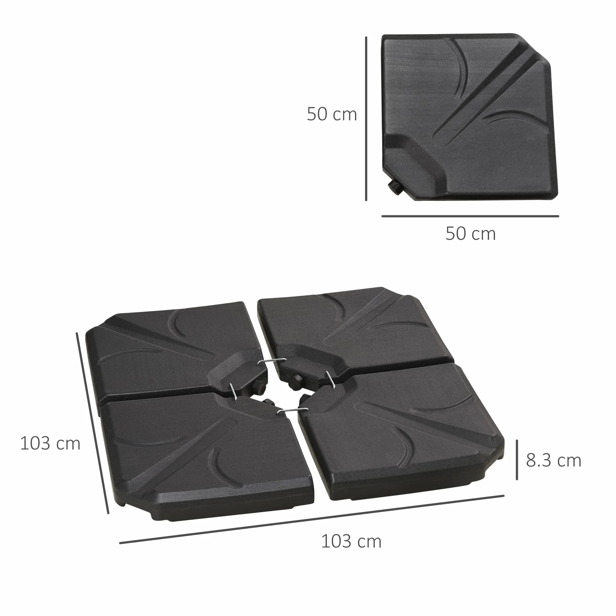 Outsunny Base per Ombrellone in Plastica HDPE da 4 Pezzi, Riempibili con Acqua e Sabbia Fino a 18kg, 103x103x8.3 cm, Nero