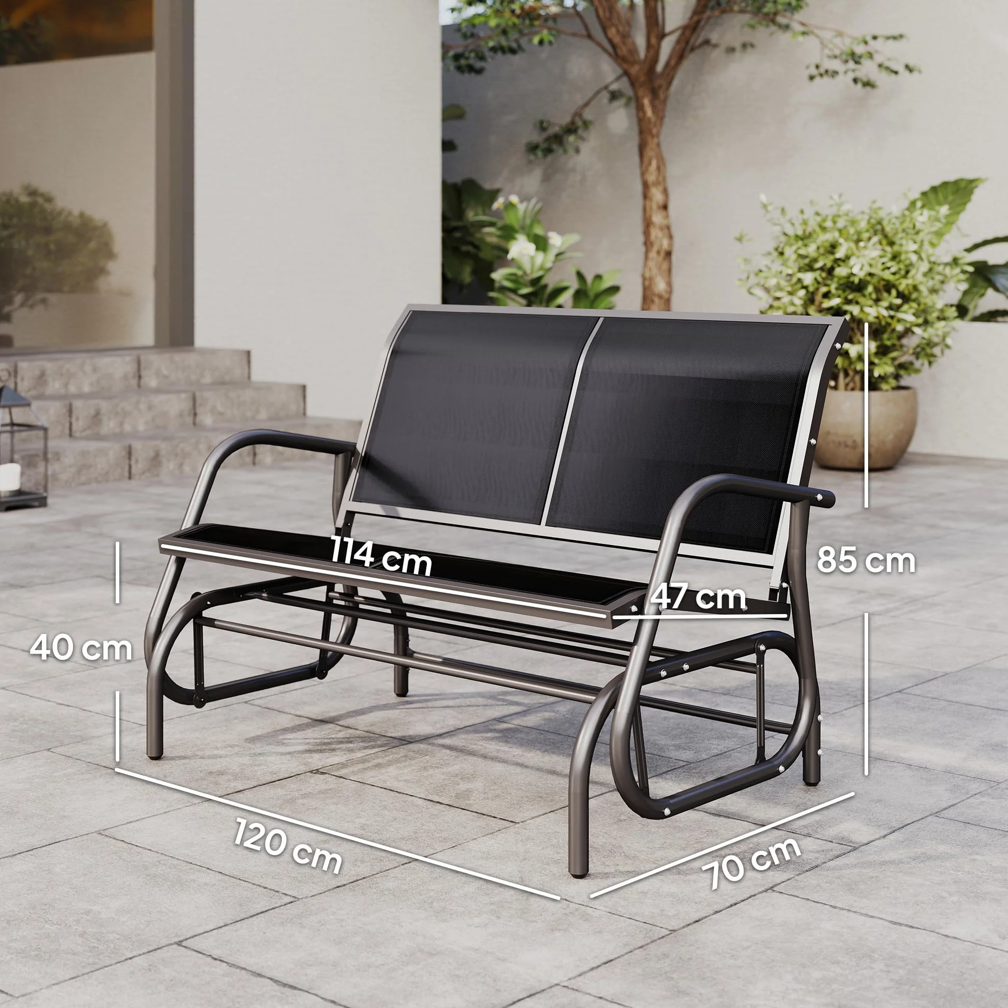 Outsunny Panchina a Dondolo da Giardino a 2 Posti in Metallo e Tessuto a Rete Traspirante, 120x70x85cm, Nero