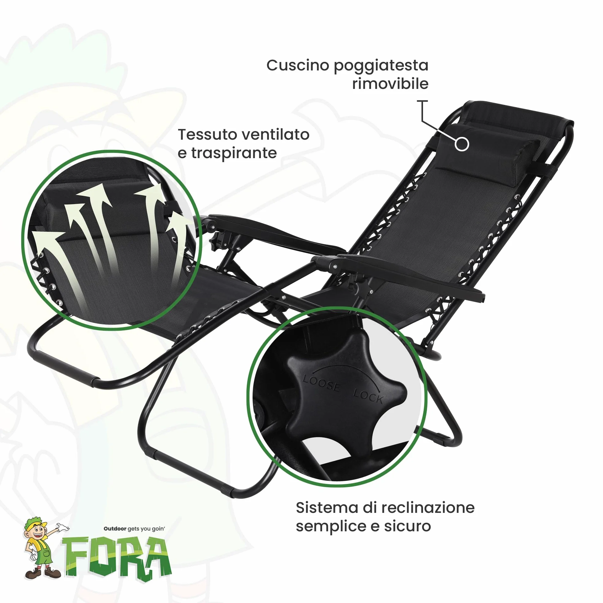 FORA Set 2 Sdraio da Giardino Pieghevoli – 176×67×110 Cm, Tubo 25mm e Tessuto Traspirante, Nero, Reclinabili Con Blocco di Sicurezza, Cuscino Incluso, Chiusura Rapida, 120 Kg