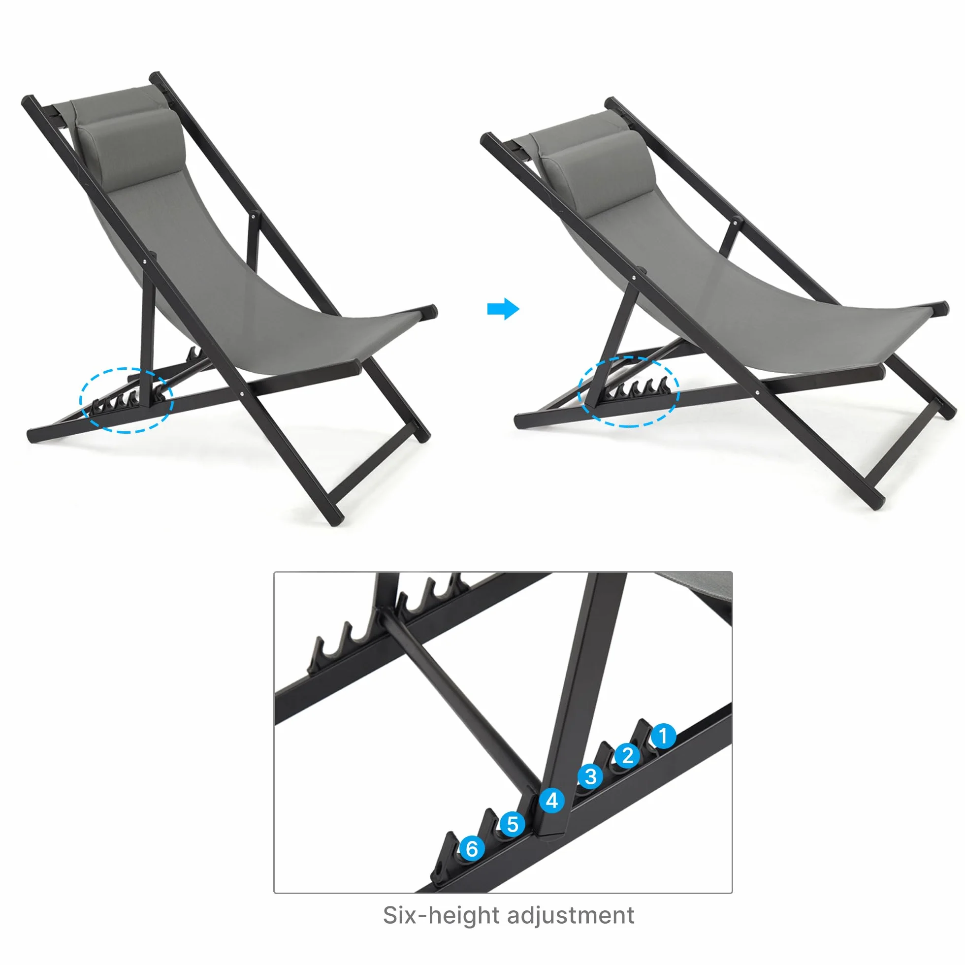 Mondeer Pieghevole Deck Sedia 2-Pezzo Set con Regolabile Poggiatesta e Schienale, Grigio