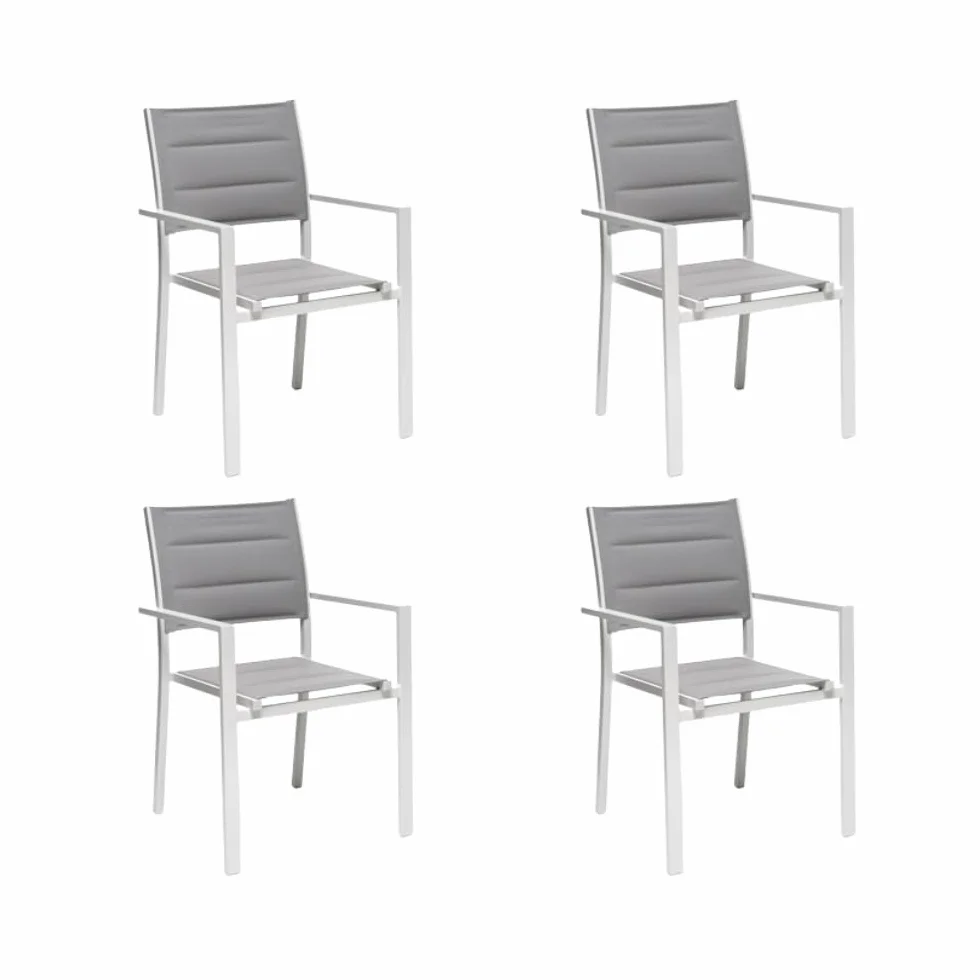 Set 4 Poltrone Da Esterno Alamos Con Braccioli, In Alluminio Verniciato Bianco, Impilabile, L 57 x P 58 x H 86 Cm, Seduta Confortevole In Textilene Per Arredo Giardino