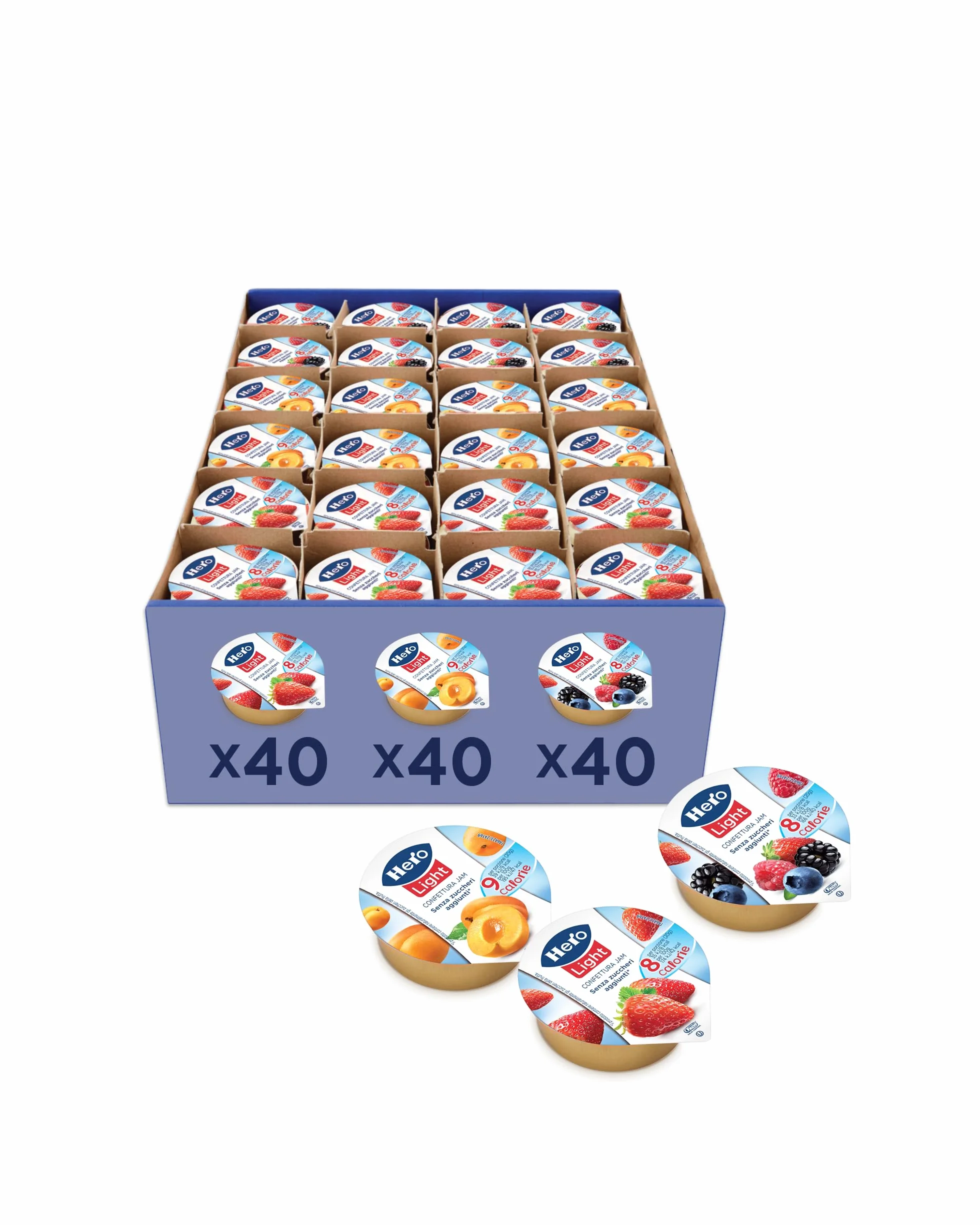 Hero Confettura Light Gusti Assortiti Albicocche, Fragole, Frutti di Bosco, Confezione da 120 Porzioni in Alluminio da 20g, Frutta di Alta Qualità, Senza Conservanti e Senza Coloranti