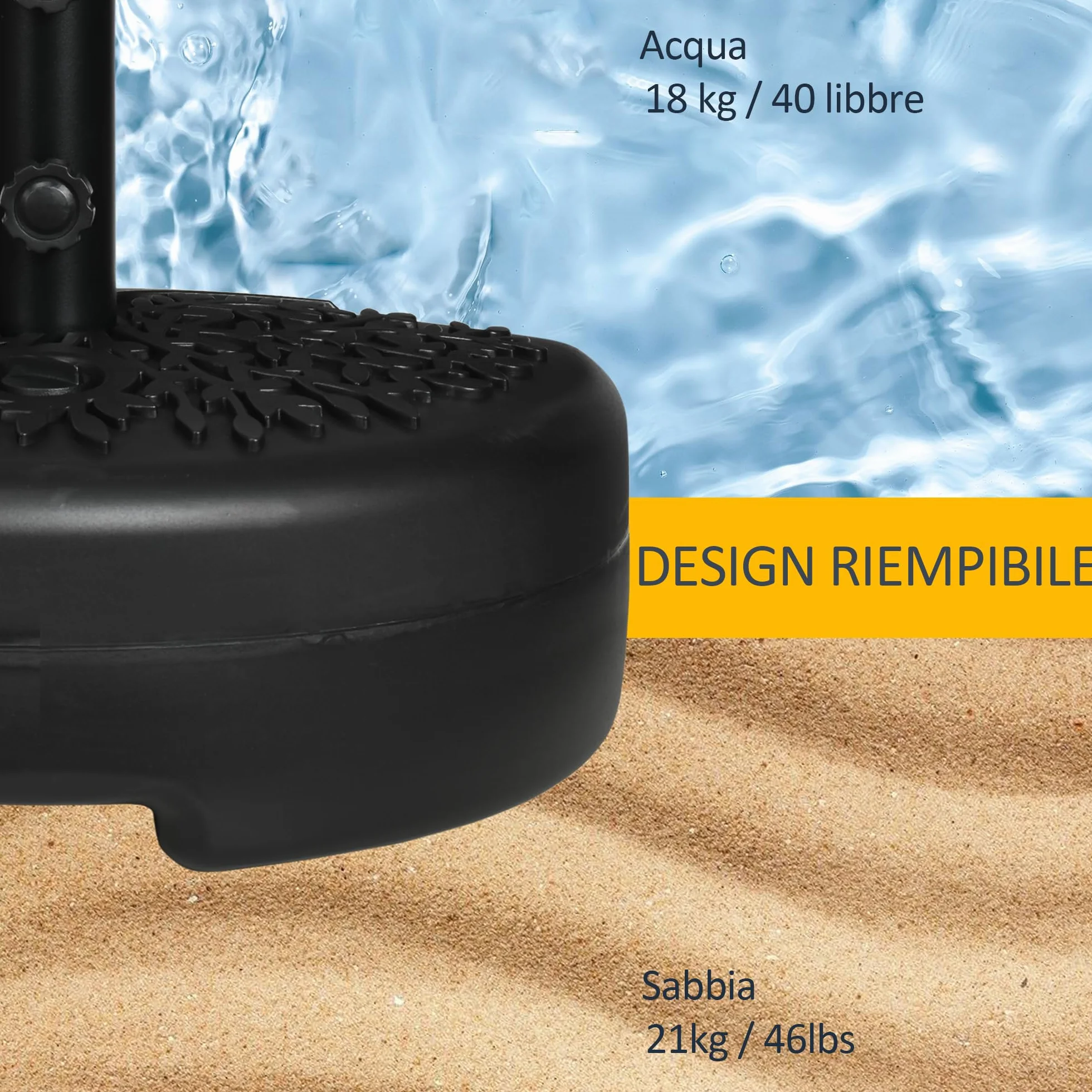Outsunny Base per Ombrellone Semicircolare in Metallo, Base Ombrellone da Giardino a Parete per Pali 38-48mm, Riempibile con 21kg di Sabbia o 18kg di Acqua, Nero