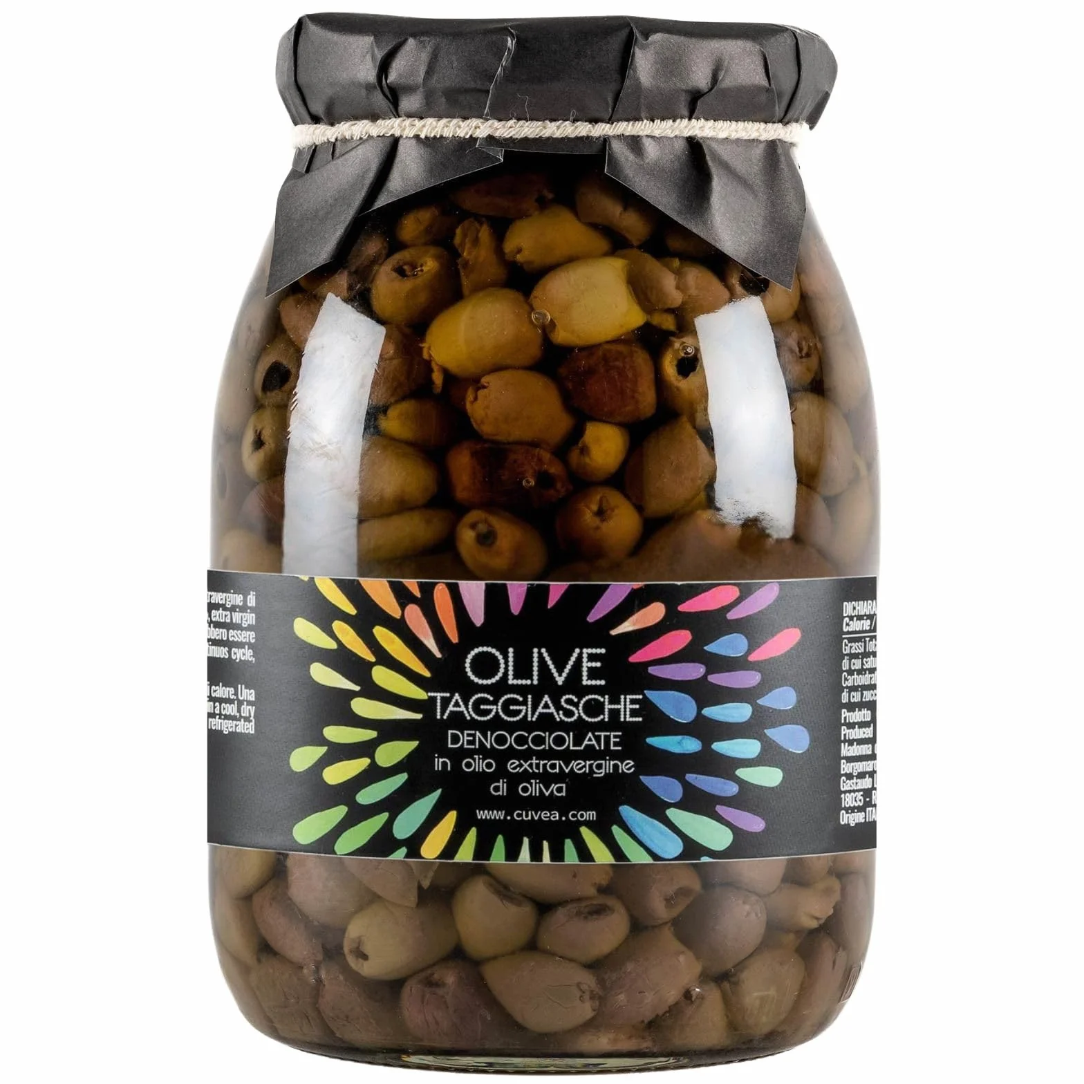 Olive taggiasche denocciolate della Liguria in olio extravergine di oliva 950 g Cuvea- Produzione azienda agricola Cuvea - Senza conservanti né coloranti né correttori di acidità