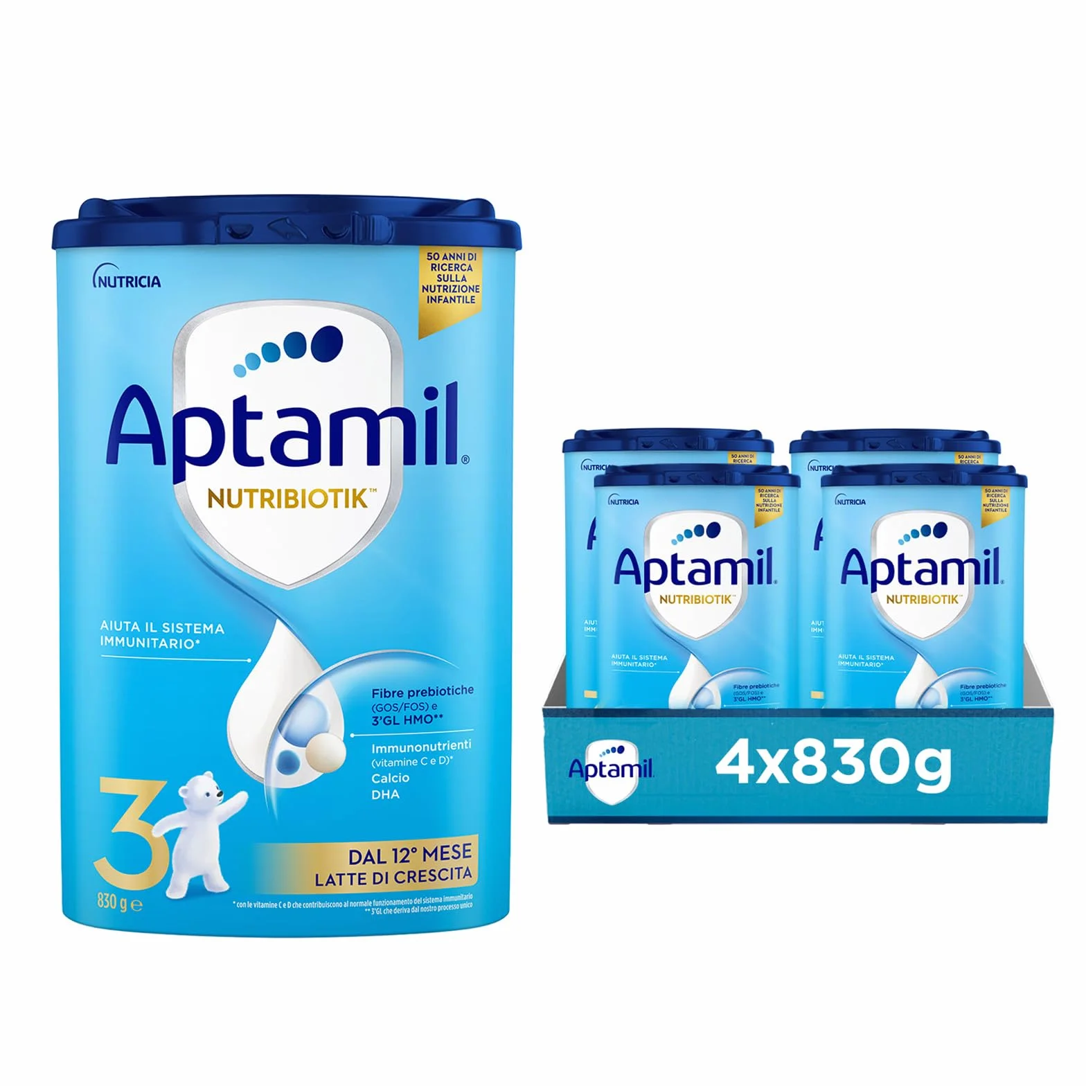 APTAMIL Nutribiotik 3 - Latte di Crescita in Polvere per Bambini dai 12 mesi - Confezione da 3320 grammi (4 confezioni da 830g)