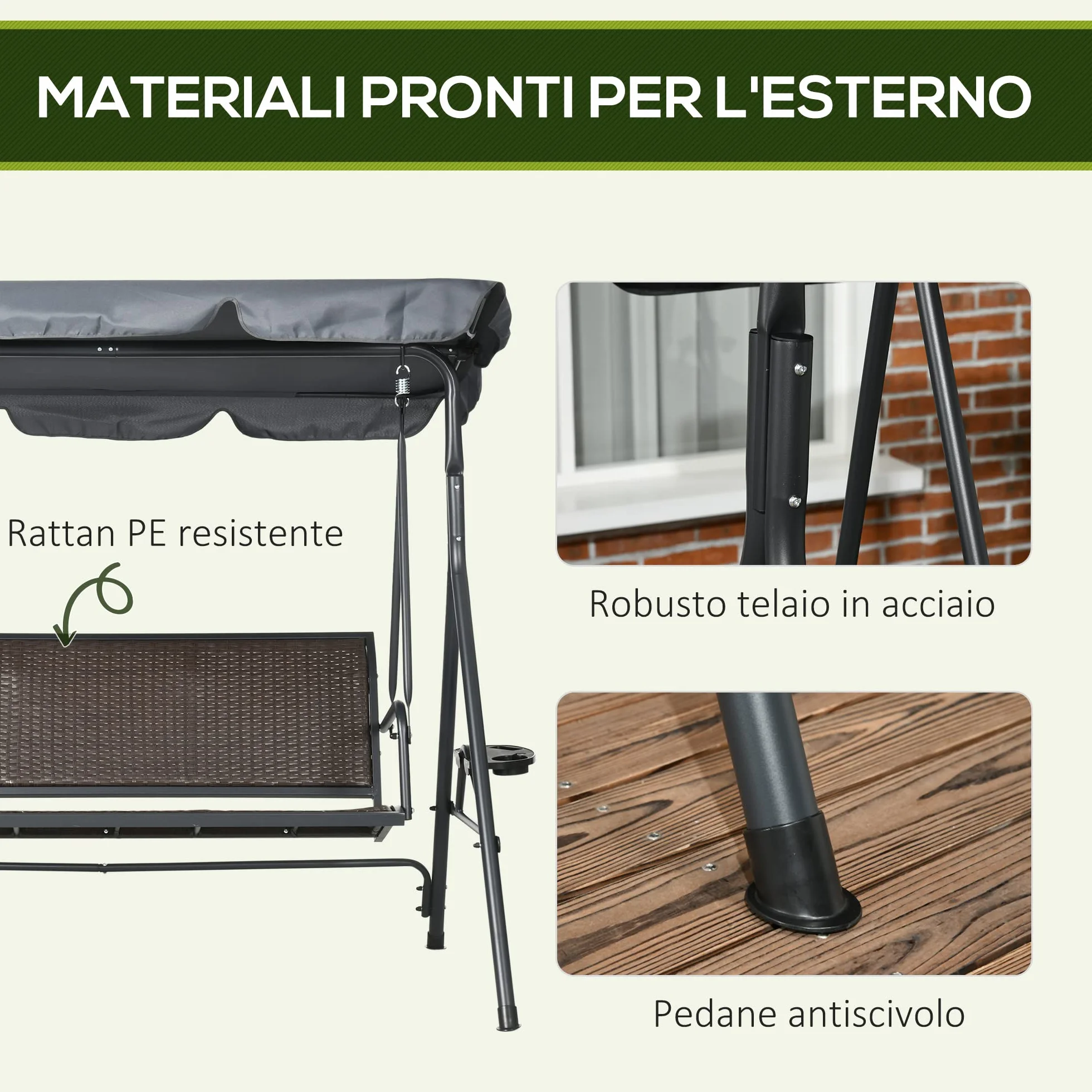 Outsunny Dondolo da Giardino 3 Posti in Rattan PE con Tettuccio Parasole Regolabile e Portabicchieri, Dondolo da Esterno con Telaio in Acciaio, Portata 320 kg, 204x112x150 cm, Grigio Scuro