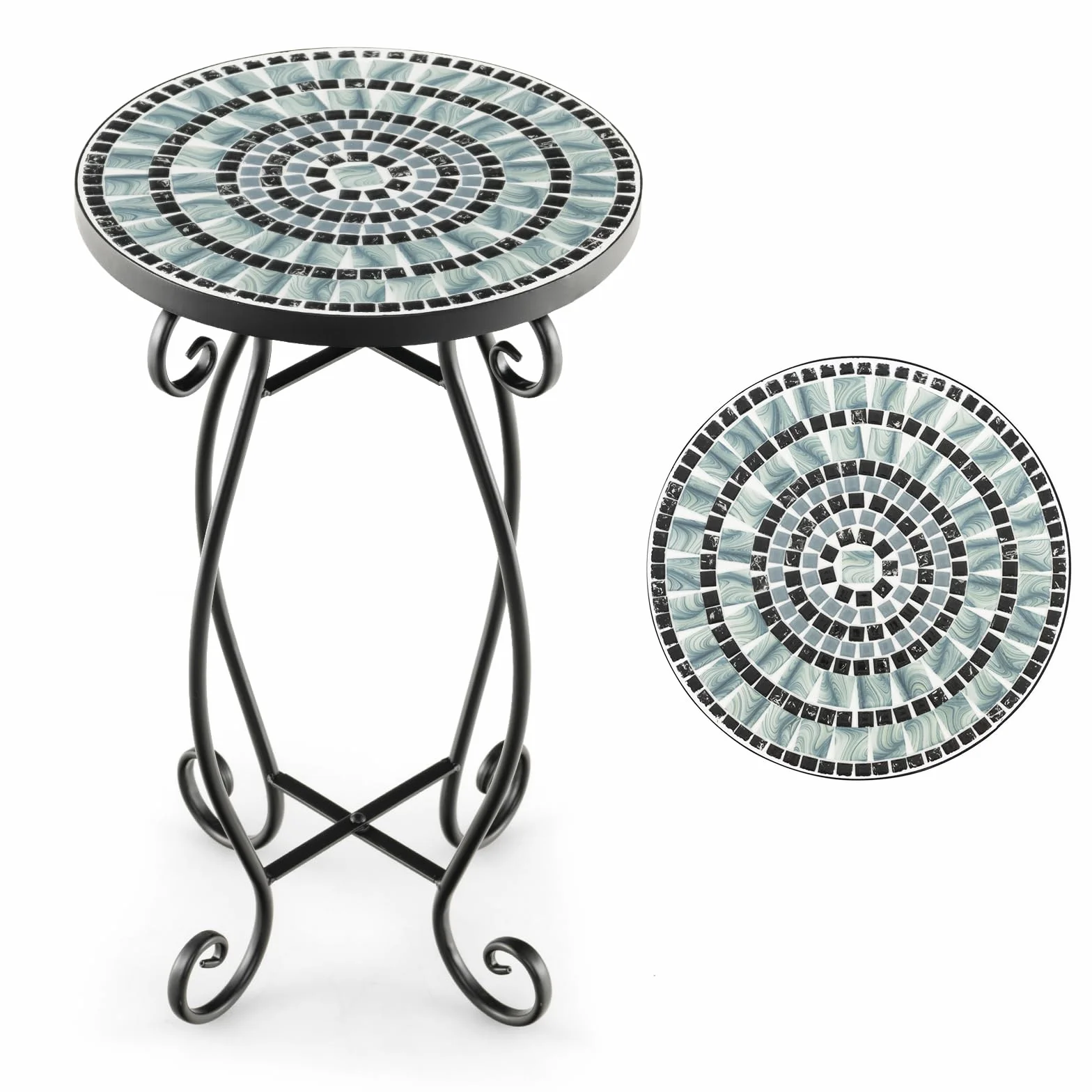 HOMASIS Tavolino da Giardino Piccolo, Tavolino da Caffè in Metallo, Tavolo Rotondo, Sgabello per Piante con Motivo a Mosaico, Tavolino da Balcone, Patio, Terrazzo, 30 x 50 cm (nero e grigio)