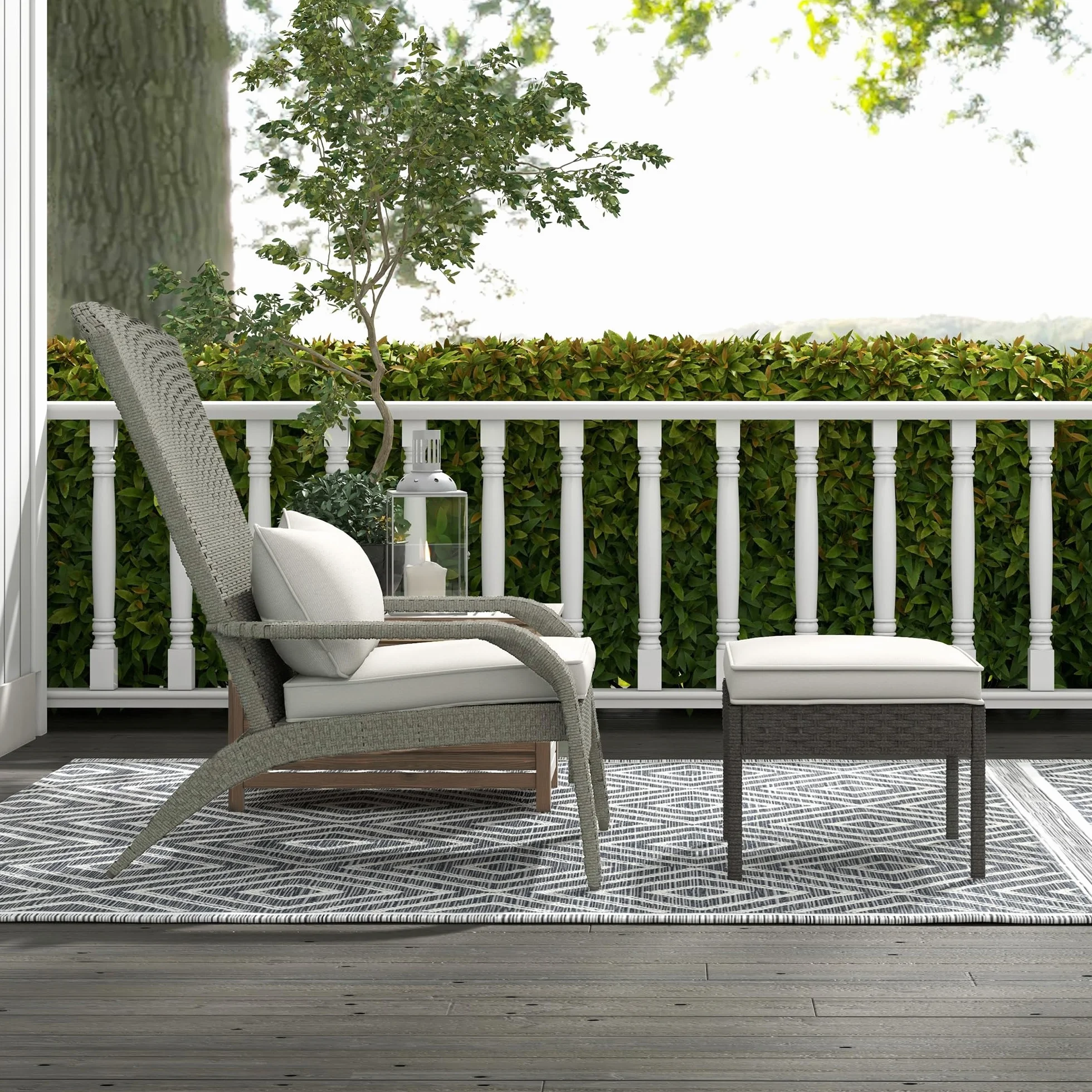 Outsunny Sedia da Giardino con Poggiapiedi, Braccioli e Cuscini Imbottiti, Sedia Adironrack in Rattan e Acciaio, 64x82x89 cm, Grigio e Bianco Crema
