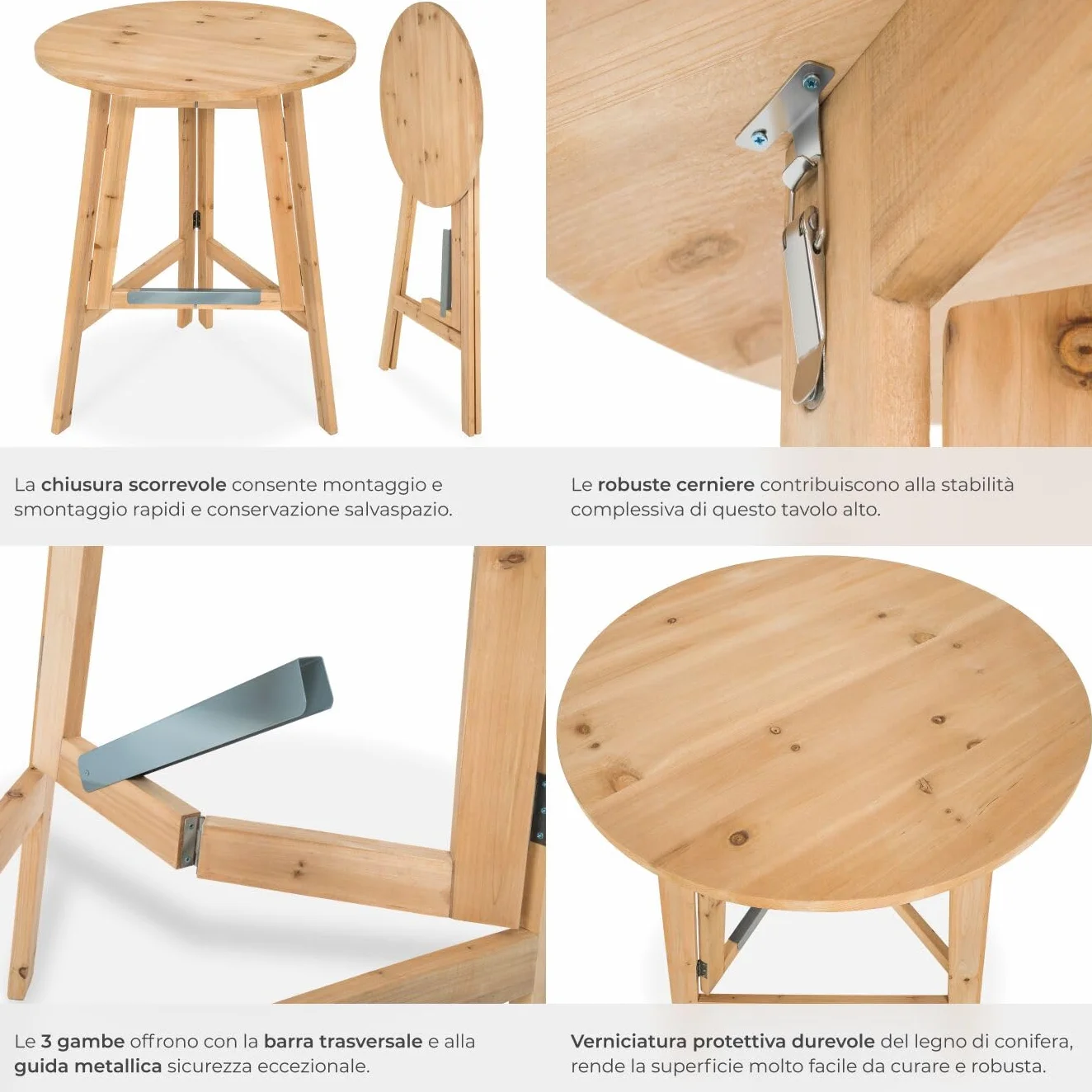 tectake® Tavolo da Bistrot in Legno Massello Rotondo da Giardino, Struttura Robusta, Tavolo Pieghevole, Altezza Ottimale, da esterno, balcone, tavolino da giardino - altezza ca. 110 cm, Ø 79 cm