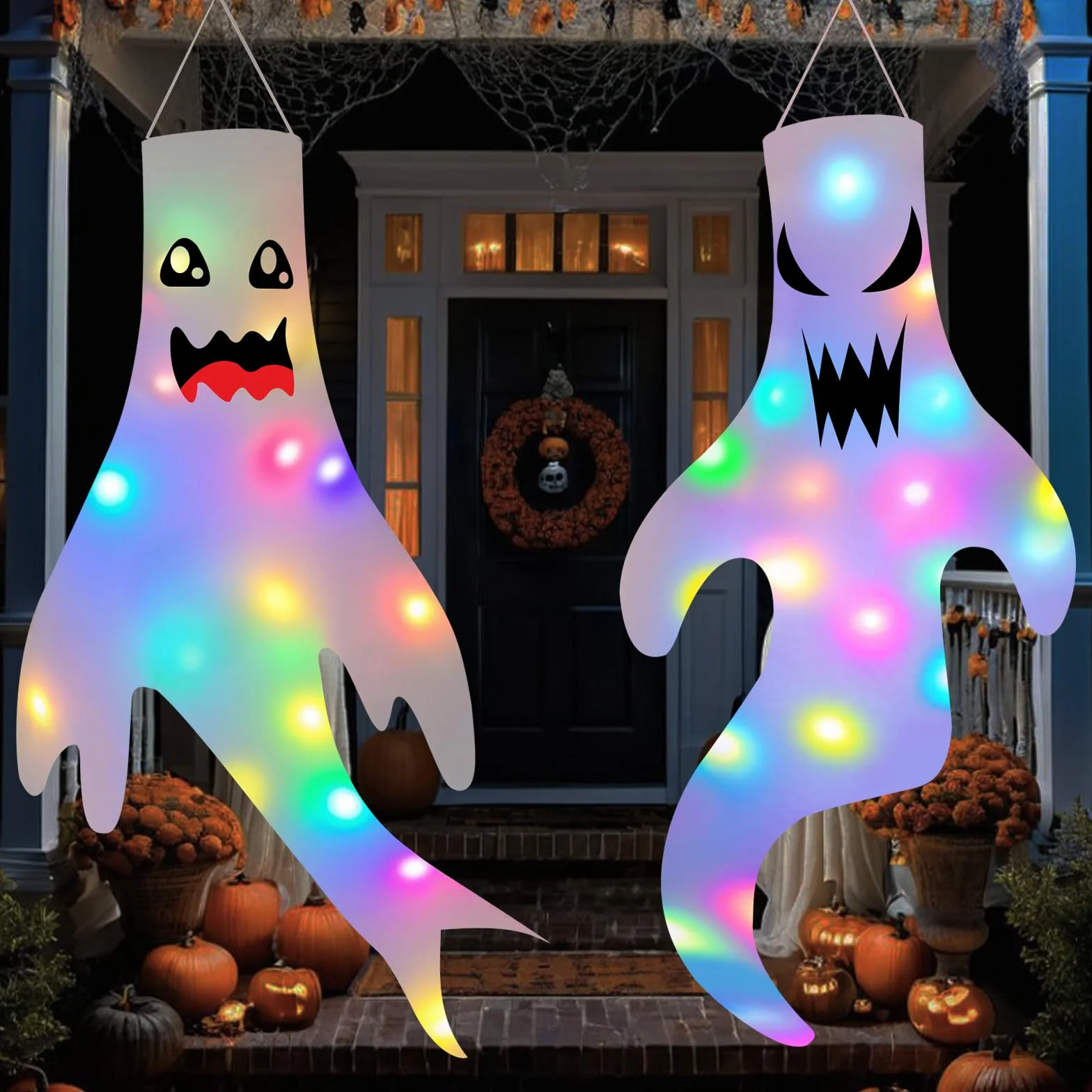 2 Pezzi Decorazione Halloween, Fantasma Manica a Vento con Luci LED, Ghost Windsock per Esterni, Giardino, Cortile, Patio, Casa