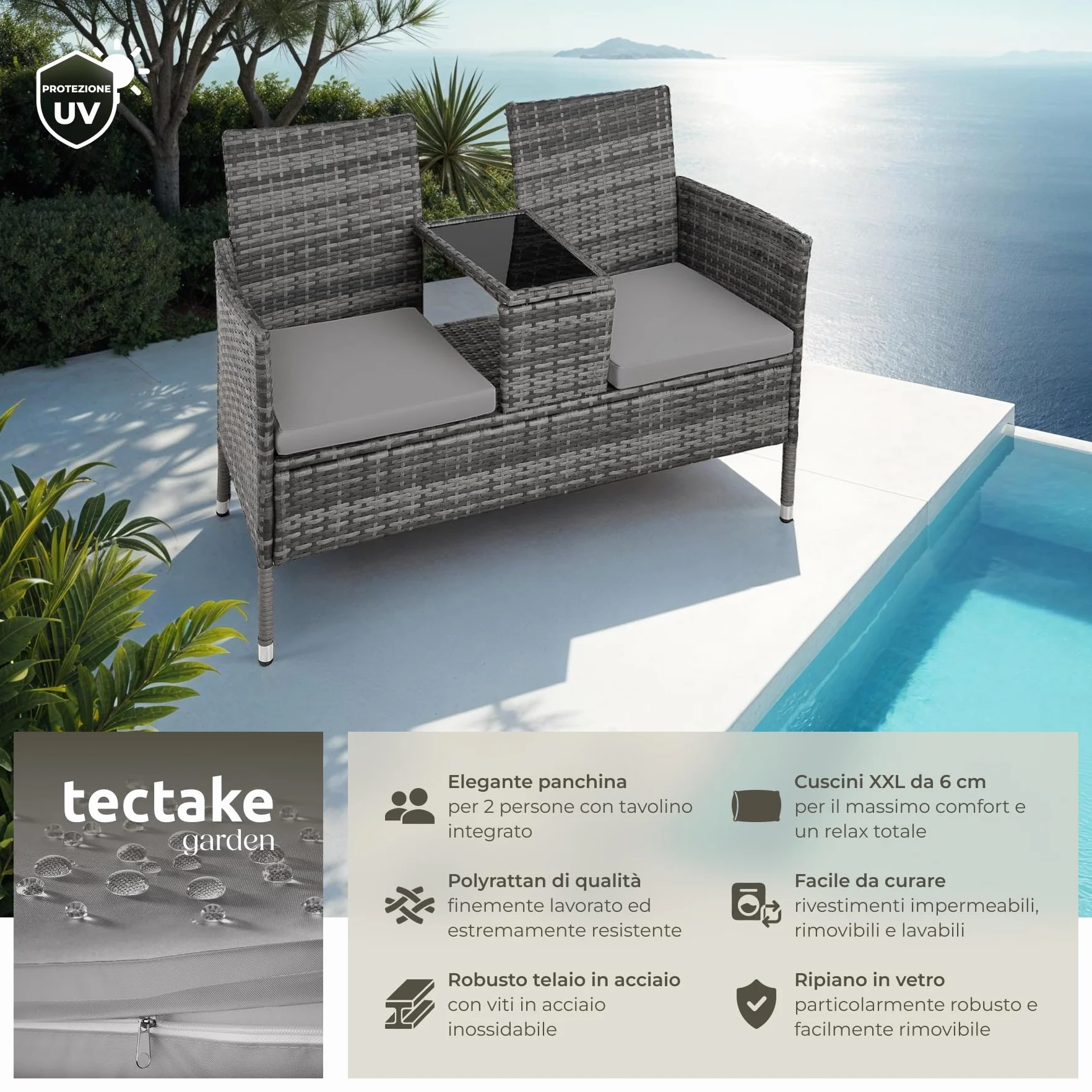 tectake® Panchina da Giardino in Polyrattan con Tavolino Integrato, 133x63x84 cm, Resistente Intemperie, Cuscino Seduta 6 cm, Set Panca da Giardino per 2, per Veranda, Balcone - Grigio/Grigio Chiaro