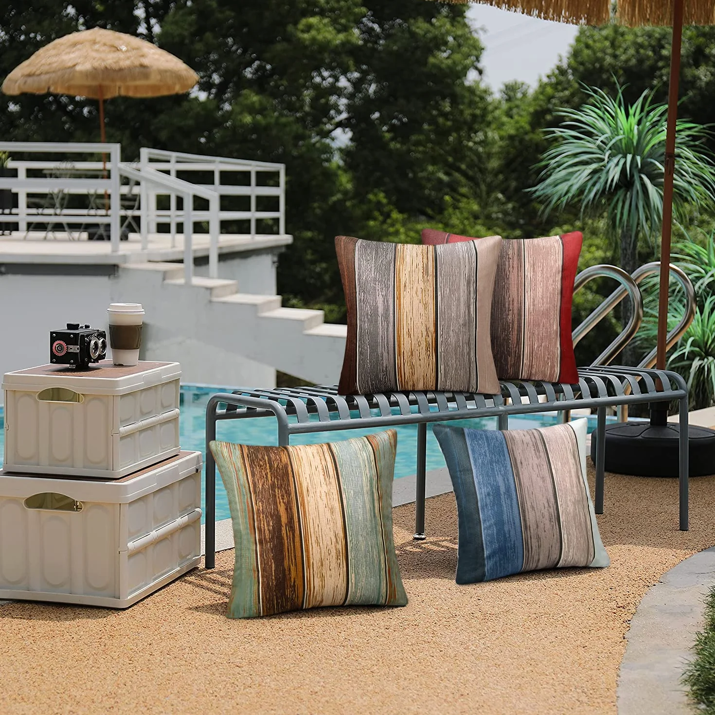 Copricuscini Cuscini per Divani Moderni Federe Cuscini Divano Strisce Legno Vintage Poliestere Copricuscini Impermeabili Cuscino per Divano per Soggiorno Giardino Balcone Set di 2