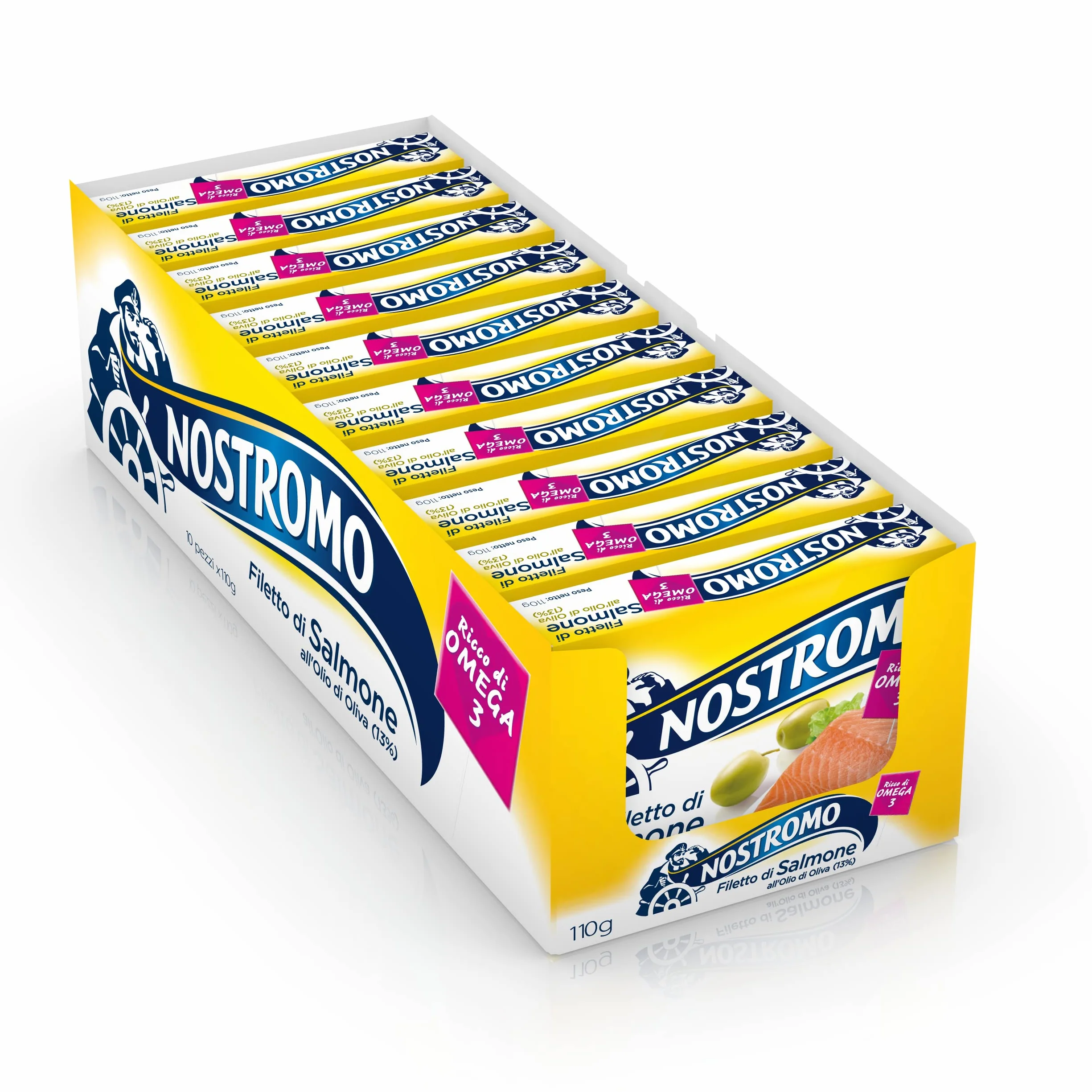 Nostromo Filetto di Salmone all’Olio di Oliva 110g – Confezione da 10 Lattine, Ricco di Omega 3, Senza Conservanti – Pesce in Scatola di Alta Qualità