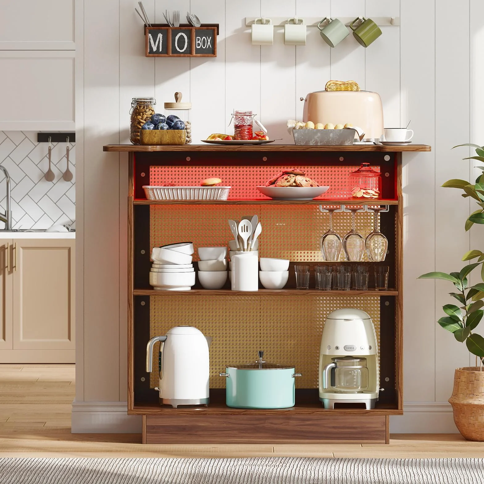 GIANTEX Tavolo da bar con deposito, tavolo alto da cucina con illuminazione a LED e superficie in rattan, bancone da cucina con 3 ripiani e portabicchieri, protezione antiribaltamento, 120x55x110 cm