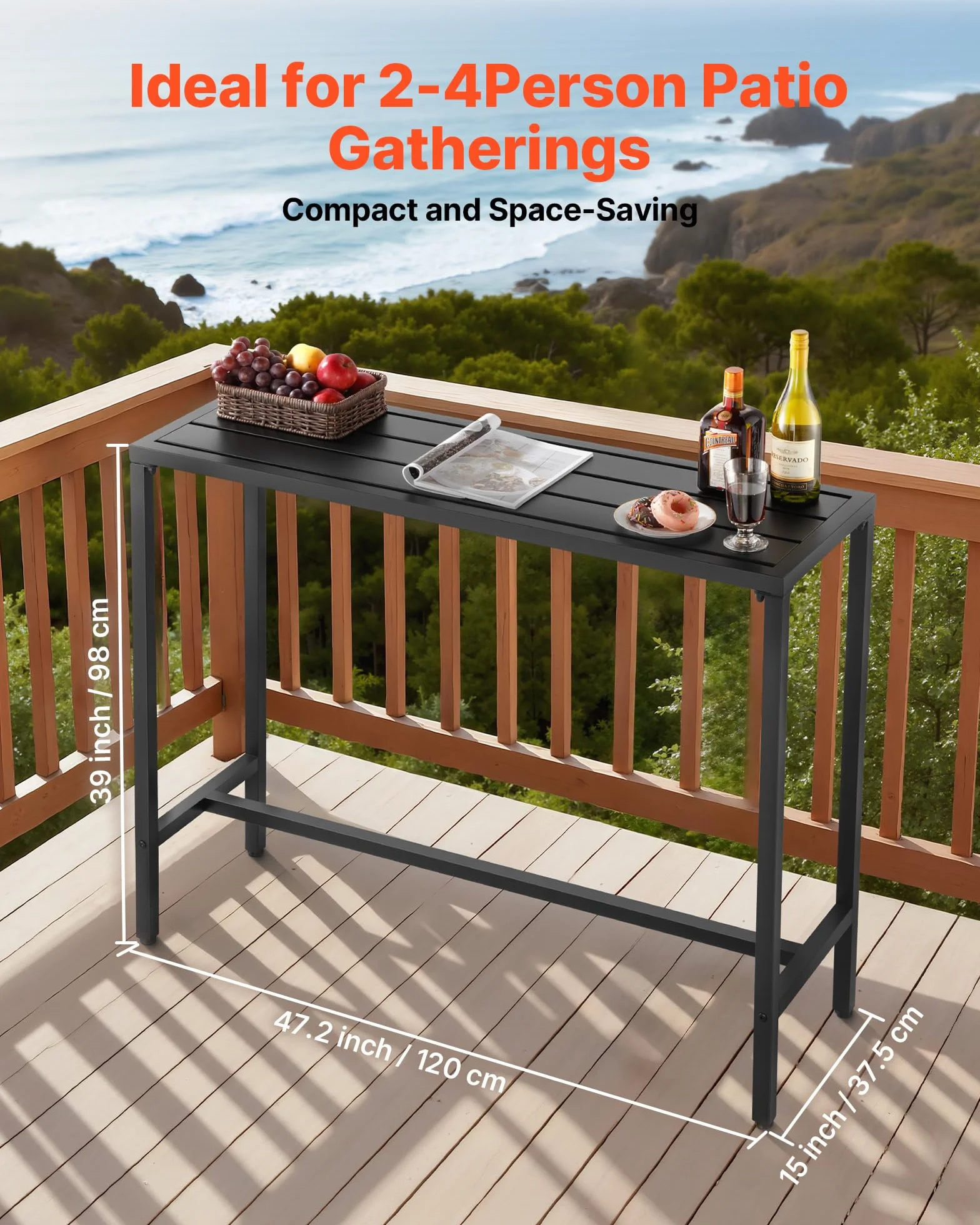 VEVOR Tavolo Alto da Bar per Esterni 120 x 37,5 cm, Tavolino da Pranzo Rettangolare Piano Impermeabile, Struttura in Metallo, Tavolo da Giardino Cortile Terrazza, Bordo Piscina, Soggiorno