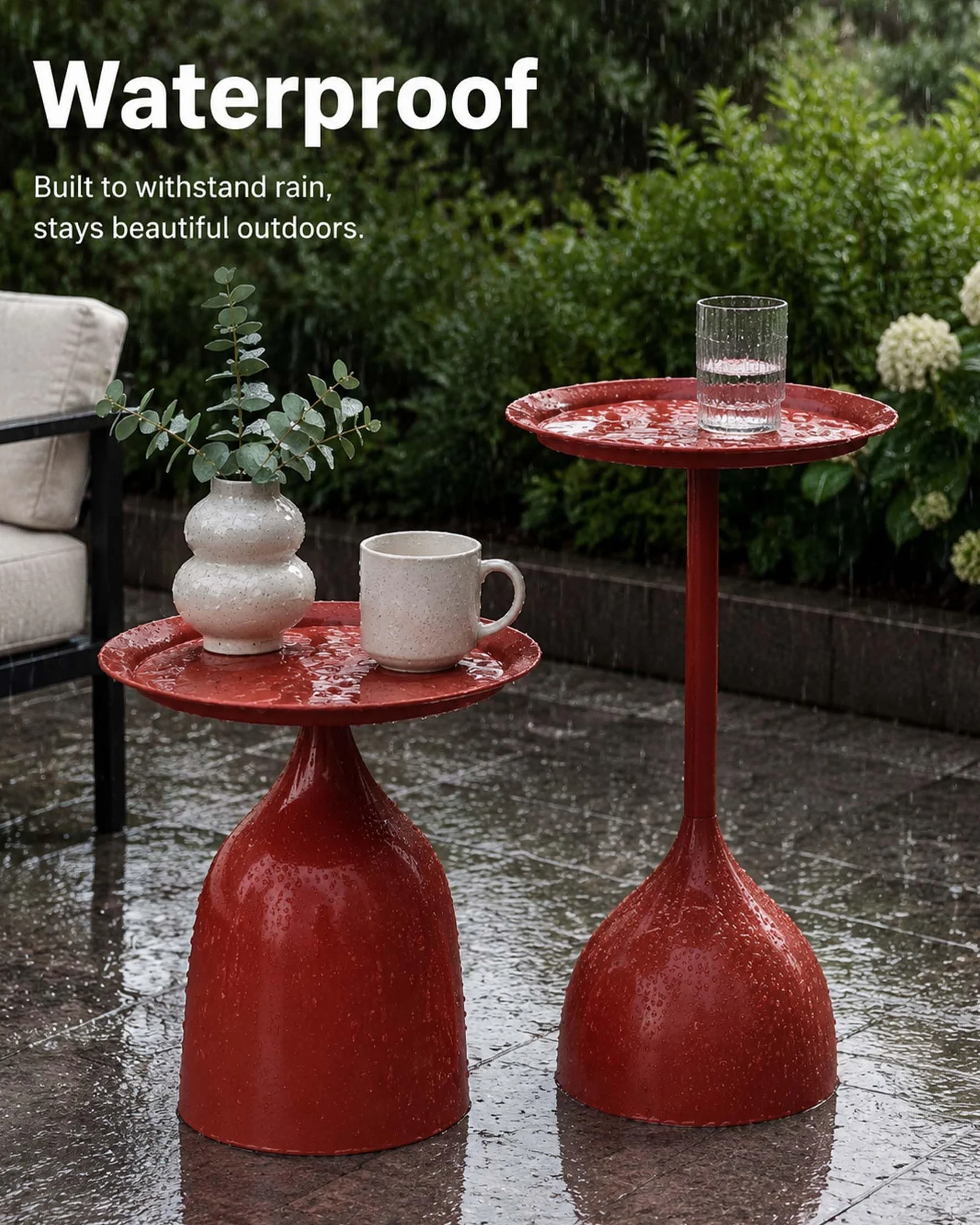 Set di 2 Tavolino da Esterno in Metallo Impermeabile Tavolino Salotto Moderno Rotondo Tavolini da Balcone e Giardino, Coffee Table per Divano, Soggiorno e Terrazza, 40 cm, Rosso