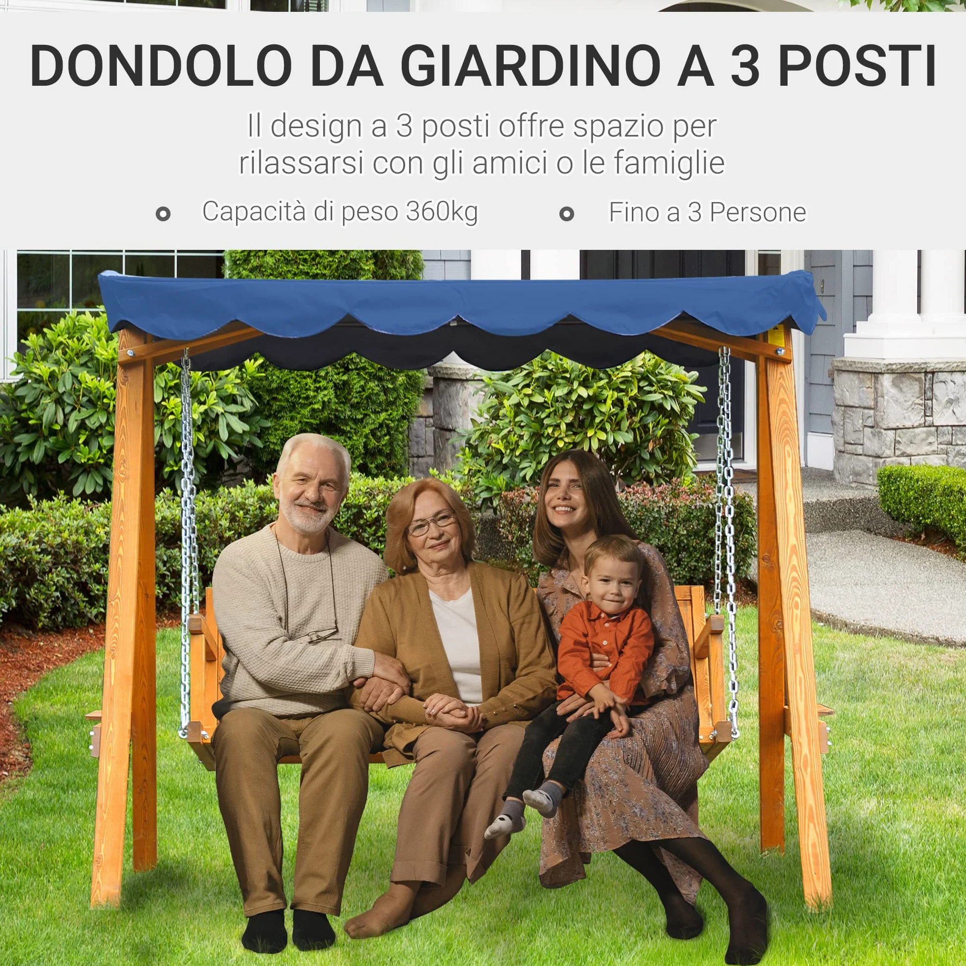 Dondolo da Giardino 3 Posti in Legno con Baldacchino colore Blu Swing