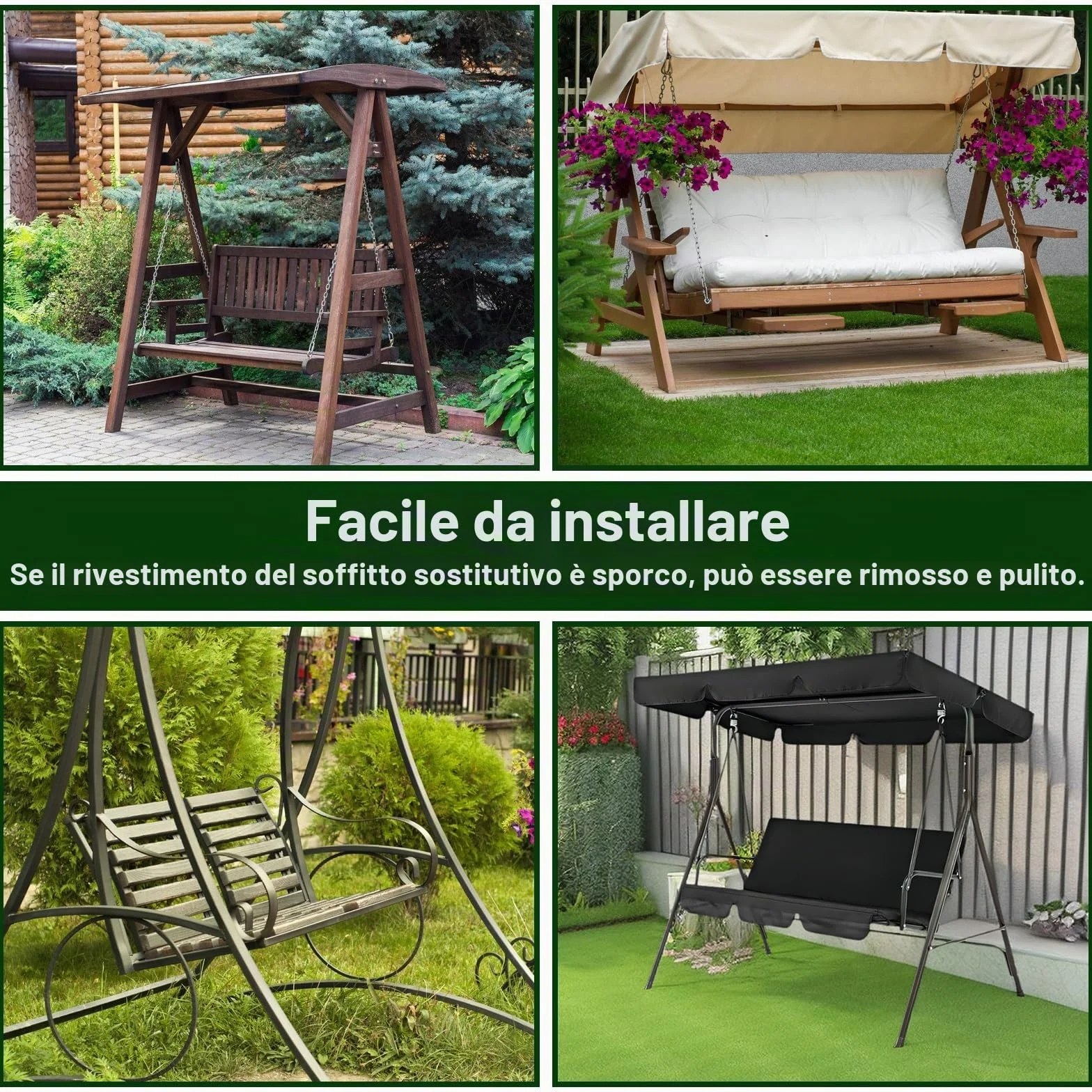 Tetto parasole per dondolo Hollywood, universale, 195 x 125 x 15 cm, impermeabile, per altalena da giardino (verde scuro)