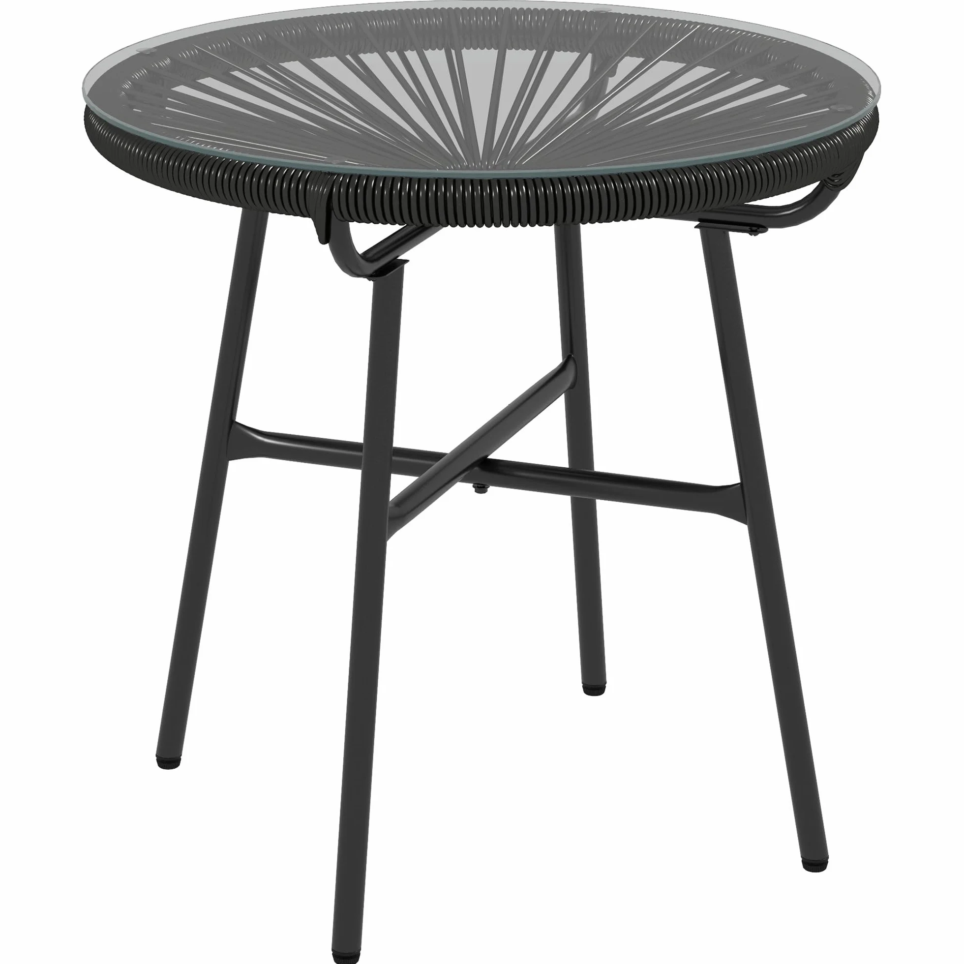 Outsunny Tavolino rotondo da giardino in resina effetto rattan metallo e piano in vetro temperato Ø 50 x 50 cm, colore: Nero