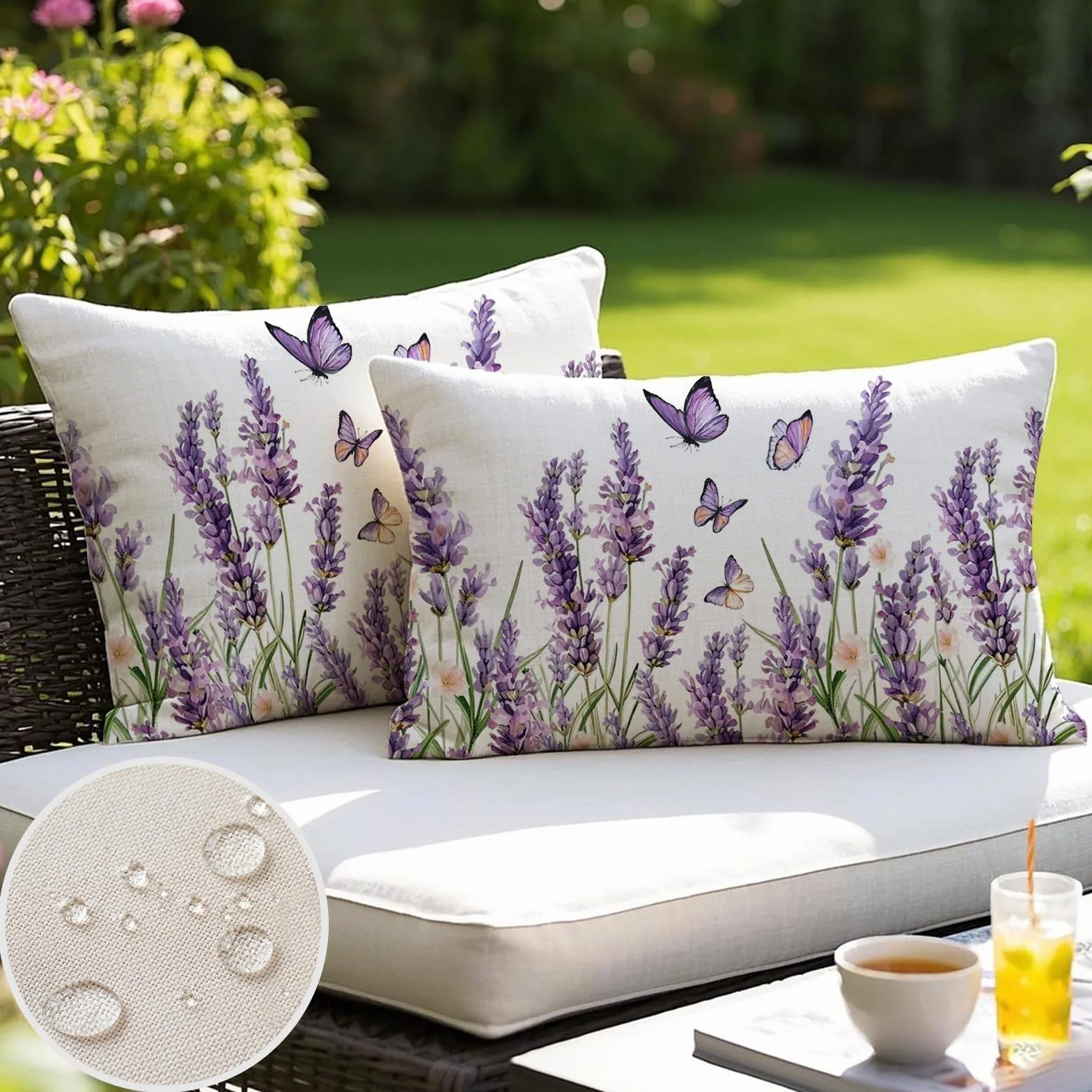 Set di 2 federe per cuscino per esterni, 30 x 50 cm, con fiori viola, resistenti alle intemperie, estive, moderne, per giardino, divano, soggiorno, camera da letto, motivo double face