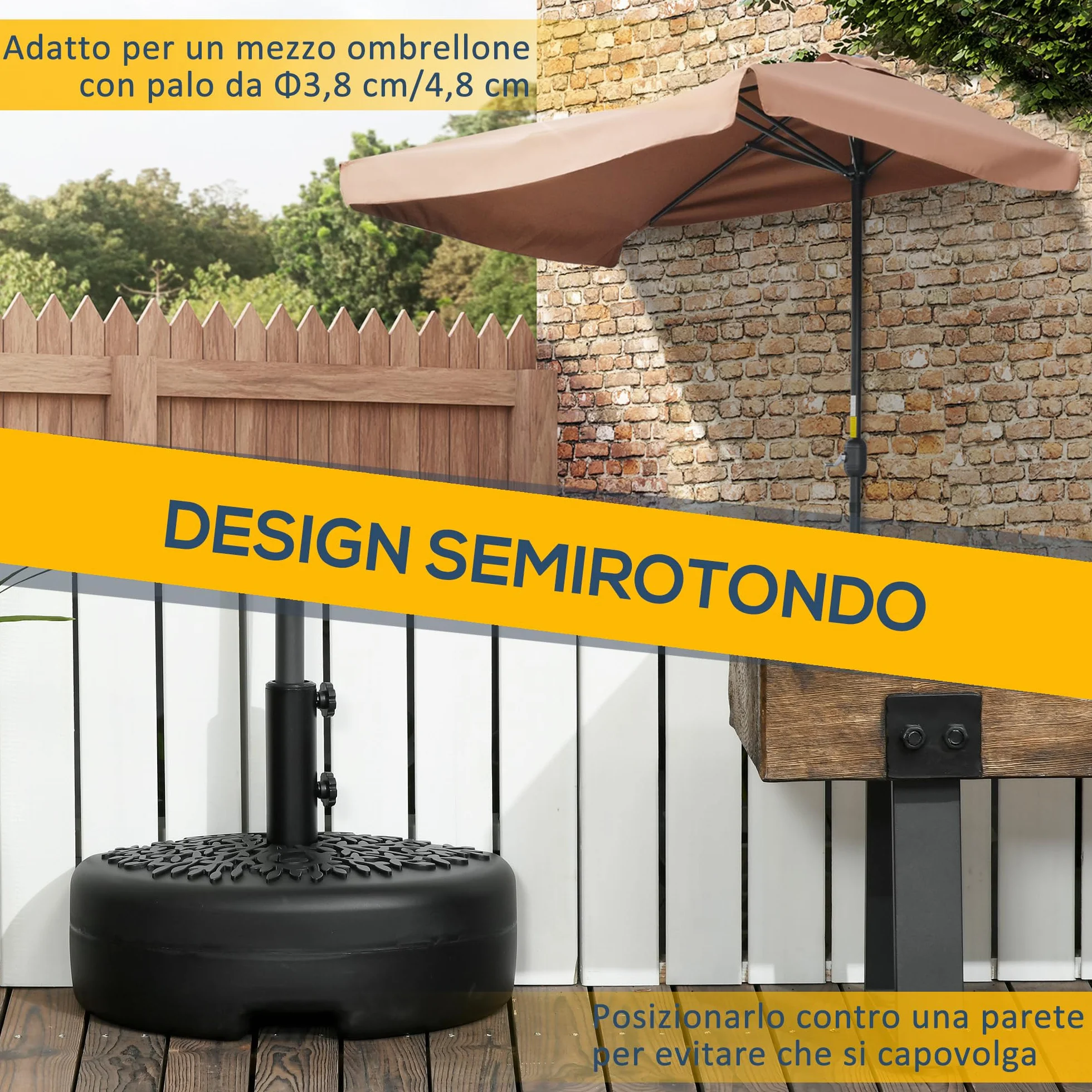Outsunny Base per Ombrellone Semicircolare in Metallo, Base Ombrellone da Giardino a Parete per Pali 38-48mm, Riempibile con 21kg di Sabbia o 18kg di Acqua, Nero