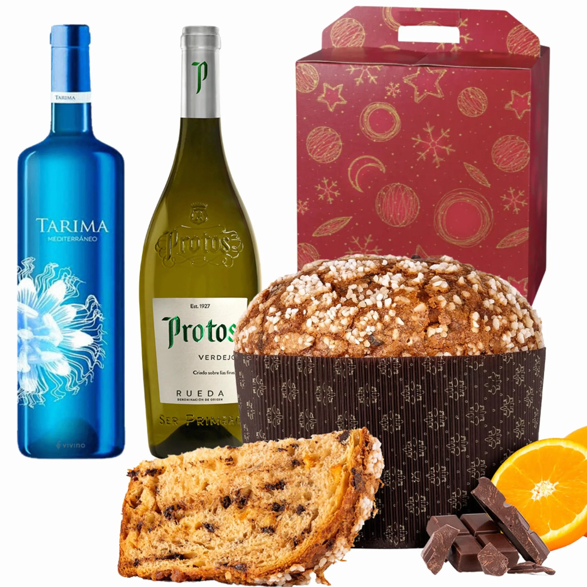 ENOVINOS - Cesto Gourmet Regalo di Natale Aziende, Famiglia e Amici - Scatola con Vino Bianco Protos Verdejo, Tarima Mediterraneo e Panettone Antonella Cioccolato e Arancione