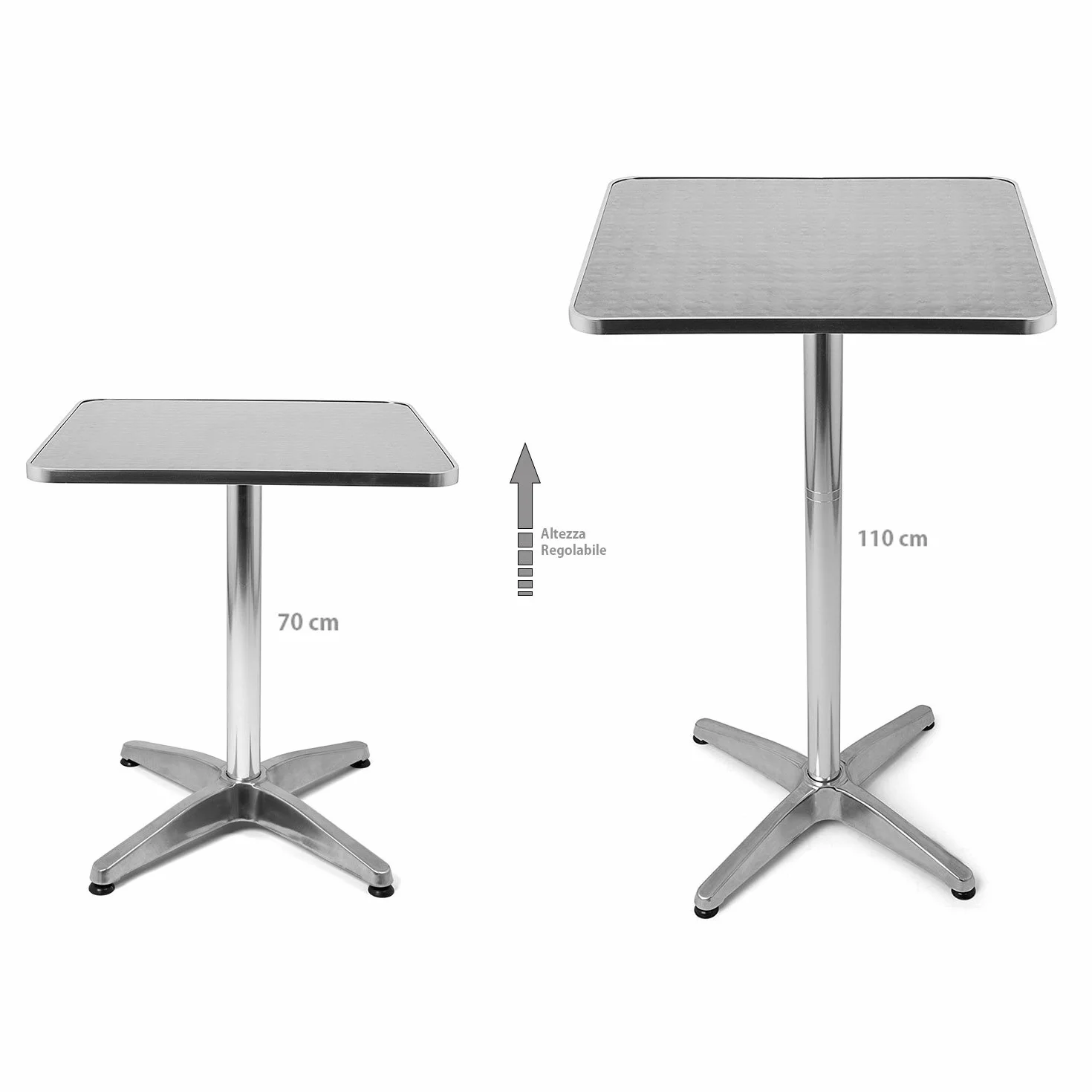 BAKAJI Tavolino In Alluminio Per Esterno 60 x 60 cm Con Altezza Regolabile 70/110 cm Tavolo Bistrot Ripiano TOP in Acciaio Inox Quadrato Per Bar Casa Giardino Ristorante Silver