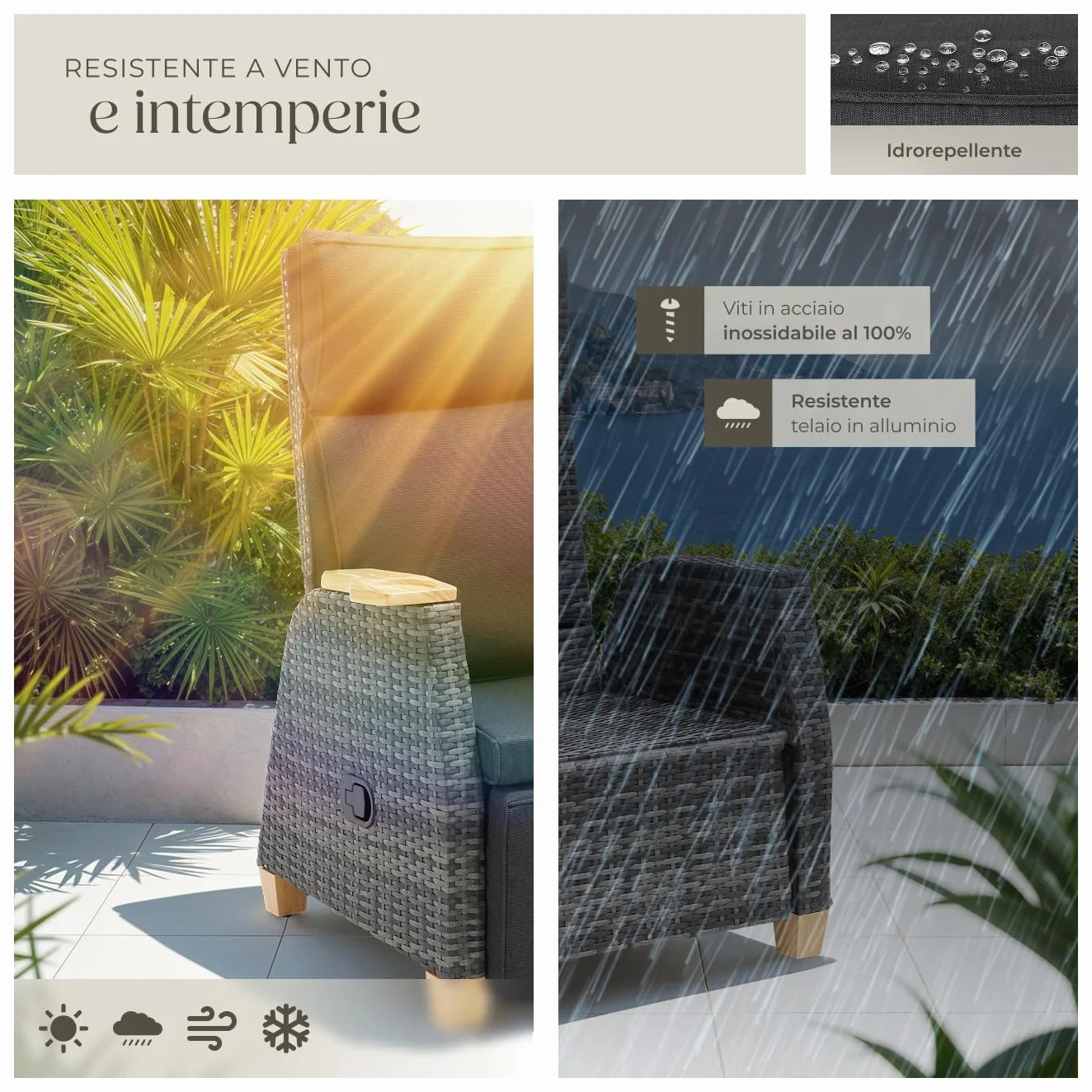 tectake® Poltrona Giardino in Rattan, Poltrona da Esterno con Telaio in Alluminio, Poltroncina Salotto Regolabile, Resistente ai Raggi UV, Comodo Piano d'Appoggio, Design Elegante - Grigio
