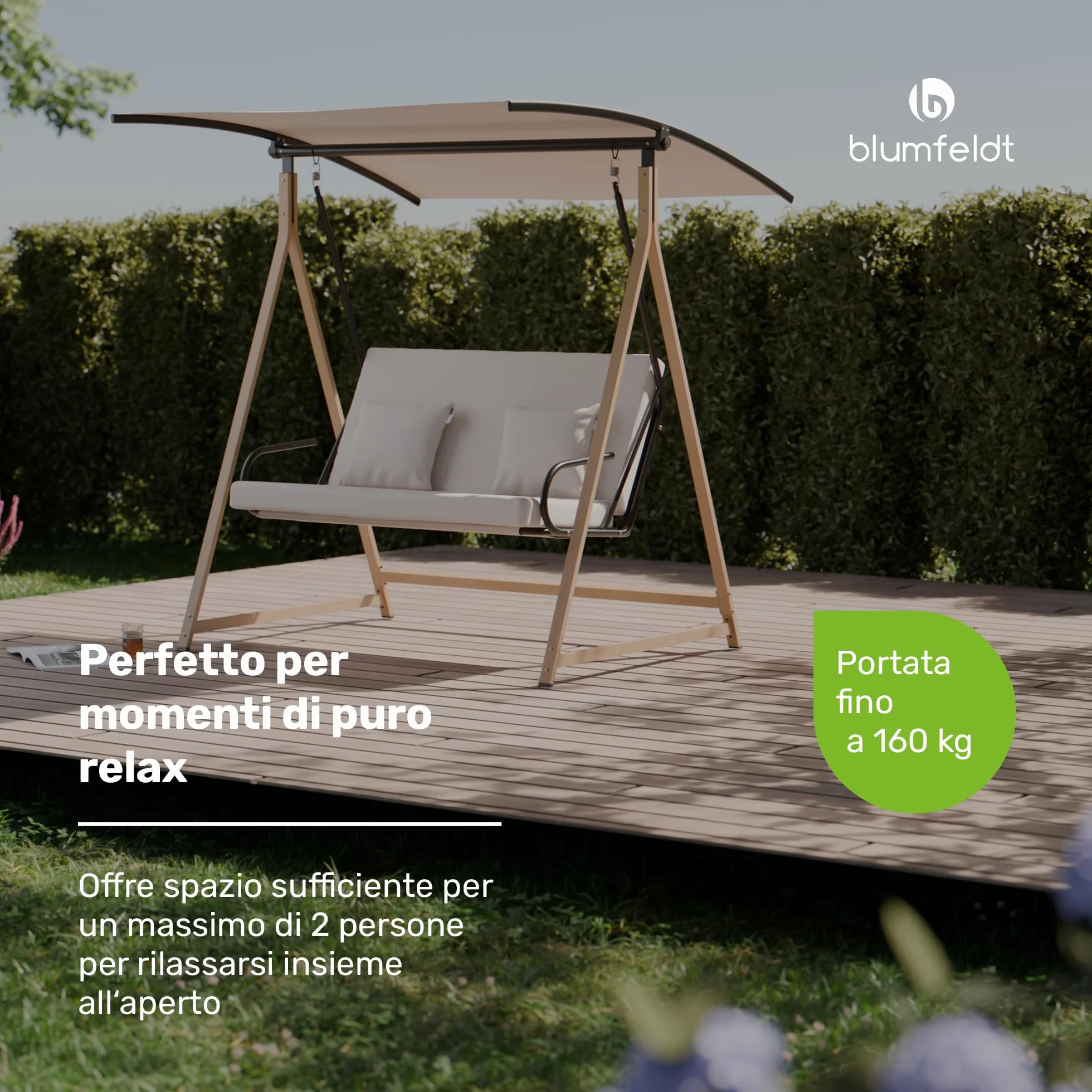 Blumfeldt ZenGrove - Dondolo da Giardino, Dondolo da Esterno a 2 Posti con Tettuccio Regolabile, Telaio in Acciaio Verniciato a Polvere, Cuscini Spessi, Capacità: 160 kg