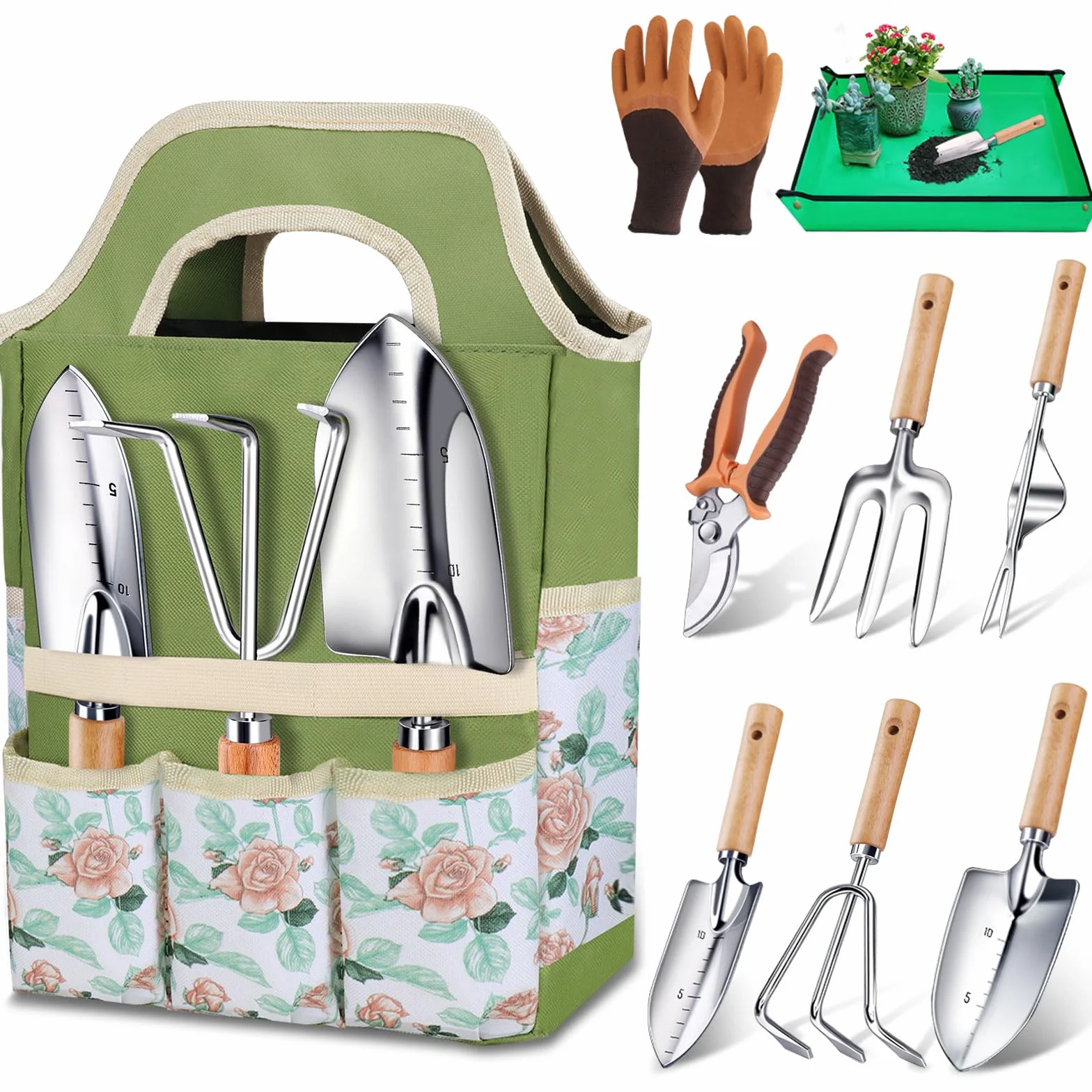 Kynup Set da Giardinaggio 9 Pezzi, Attrezzi da Giardino in Acciaio Inossidabile Antiruggine con Manici in Legno Ergonomici Antiscivolo – Ideale per Trapianti, Potatura e Set Giardinaggio Regali