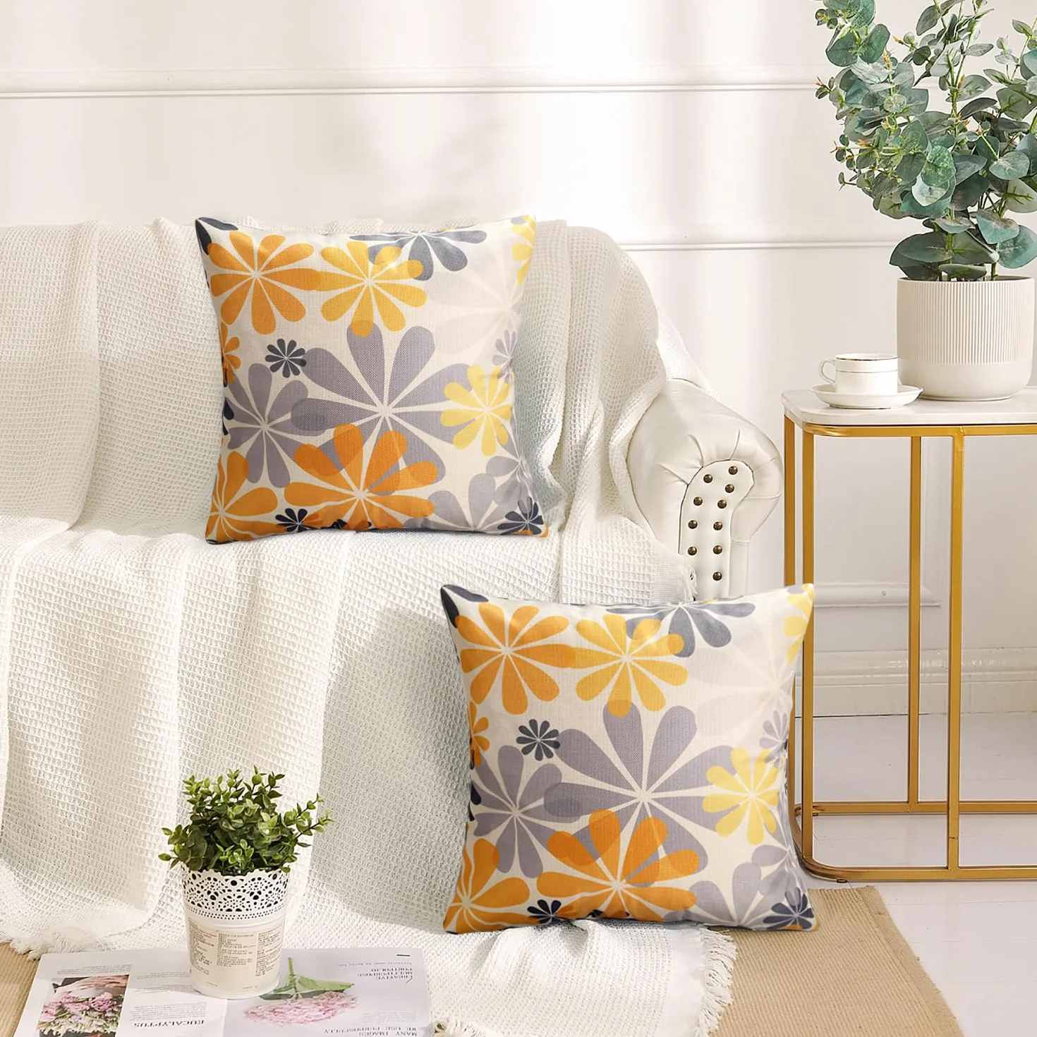 Federe Cuscini Divano 40x40 Giallo Copricuscini Fiori Rurali Decorativi Federe Cuscini Moderna Set di 2 Lino Copricuscino Per Decor Cuscini Del Soggiorno Camera da Letto Giardino Divano Sedia