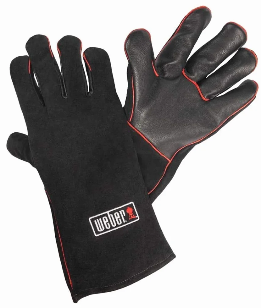 Weber Guanti da Barbecue in Pelle, 1 Paio, Estremamente Resistenti al Calore, Morbidi e Sicuri, in Pelle Premium con Cuciture Rosse - Nero (17896)
