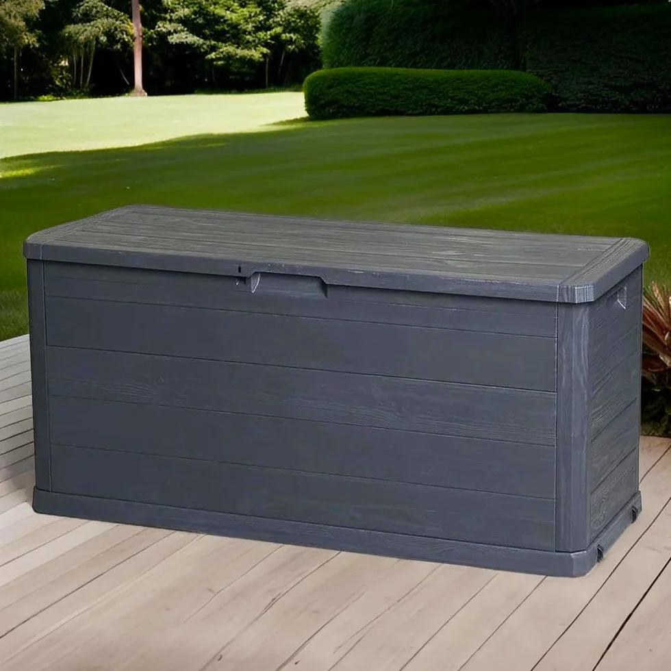 Baule Cassapanca 280 Litri Effetto Legno Contenitore Stoccaggio in Resina Antracite Dimensioni 117x45x56h cm da Esterno Resistente ai Raggi Uv -