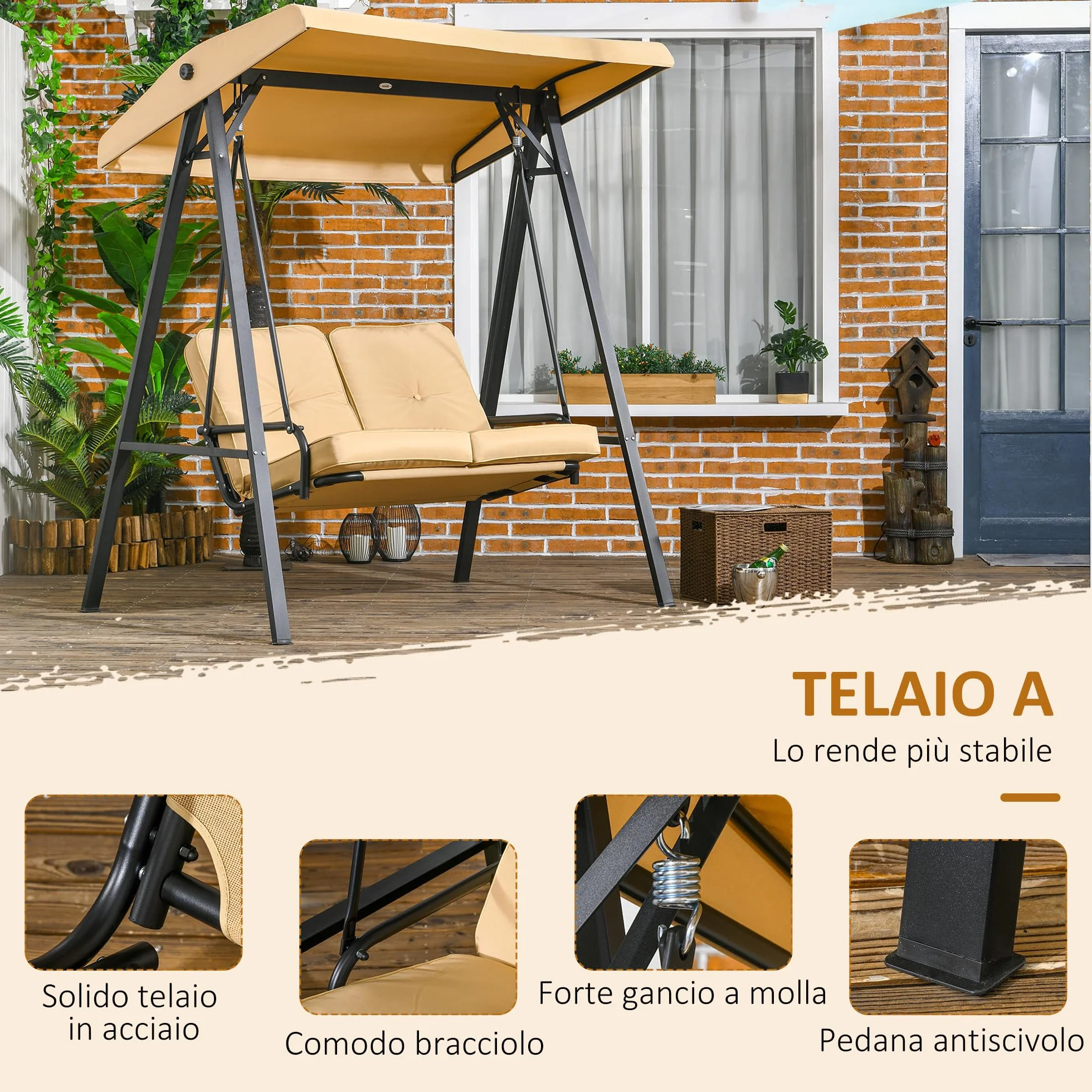Outsunny Dondolo da Esterno con Tettuccio Regolabile e Cuscini, Dondolo 2 Posti in Acciaio e tessuto Teslin, 145x116x172 cm, Beige