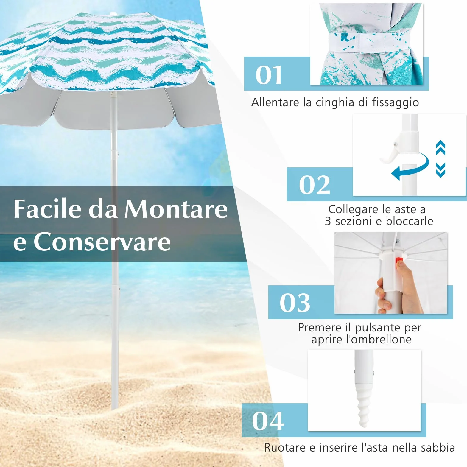 COSTWAY Set da Spiaggia di 4 Pezzi con Ombrellone, 2 Sedie Pieghevoli, Coperta da Picnic, Parasole Portatile per Esterni con Meccanismo di Inclinazione, Portabicchieri, Braccioli
