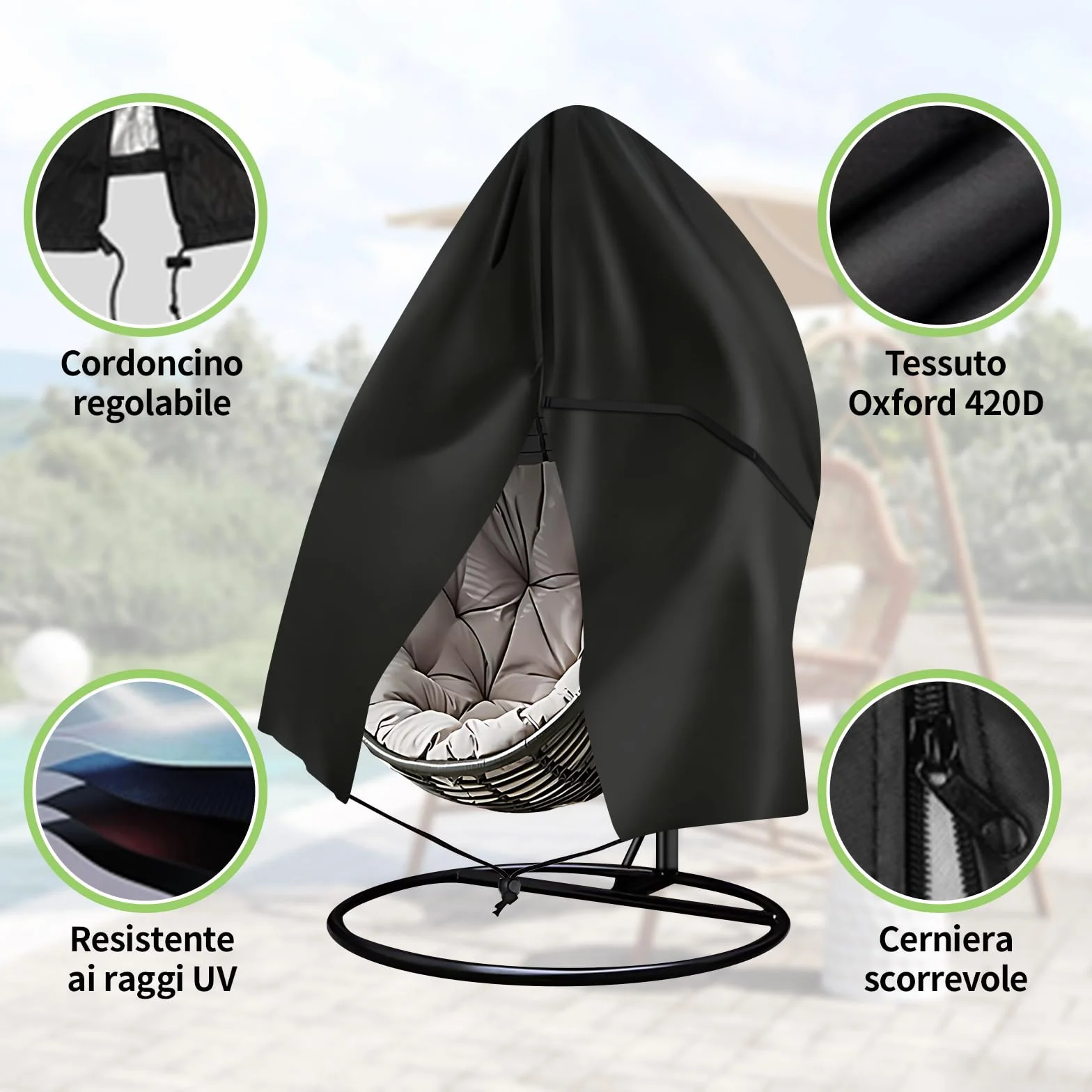 Copertura Sedia Sospesa 420D Oxford Impermeabile e Antivento, Protezione UV per Poltrona Sospesa & Sedia a Uovo con Cerniera e Cordino Regolabile, Telo da Esterno 190×115cm