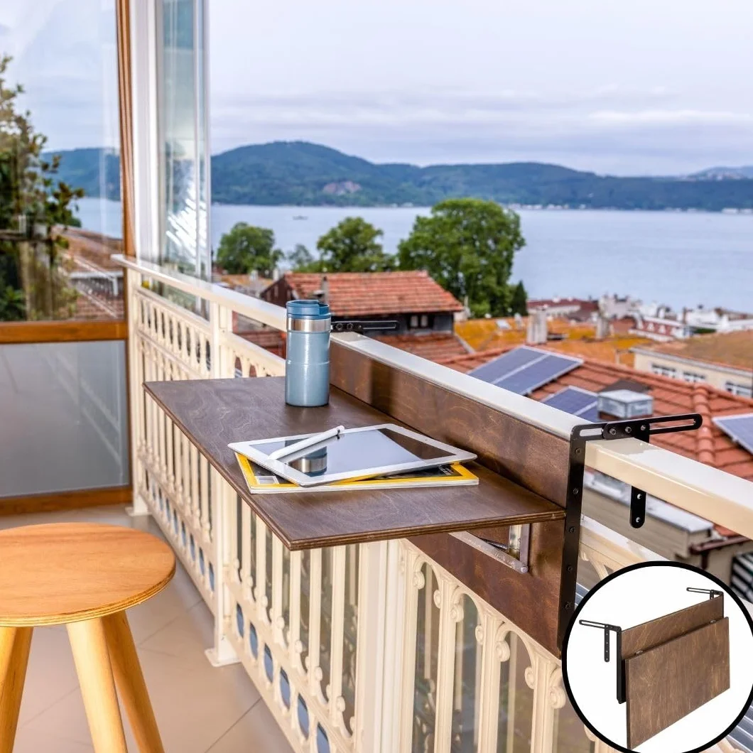 Tavolo da bar per ringhiere, tavolo pieghevole per esterni, per patio, balcone, compatibile con molte ringhiere, tavolo da portata in legno per veranda (noce, L: 100,3 x 30 cm)