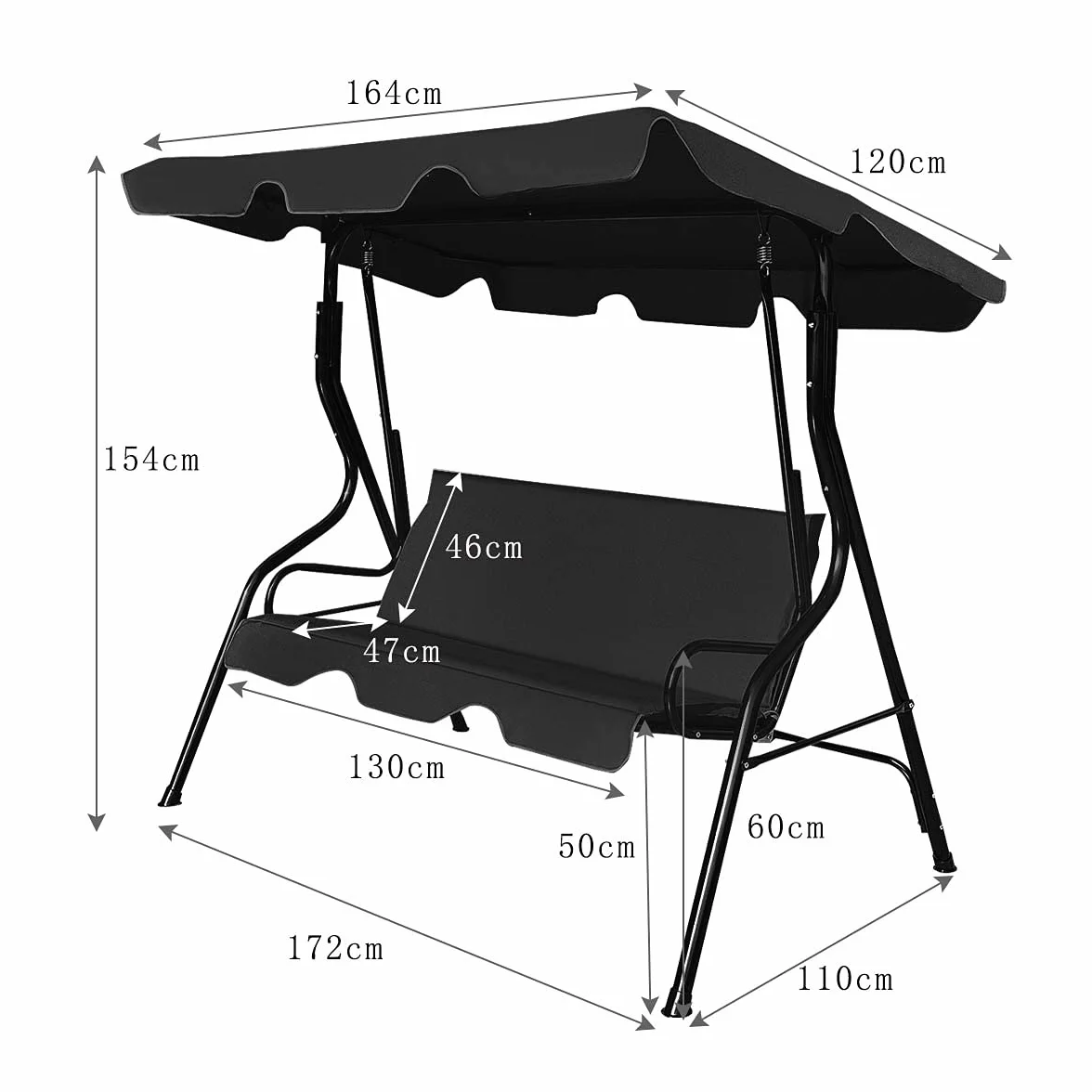 RELAX4LIFE Dondolo da Giardino 2/3 Posti, Dondolo da Esterno in Acciaio, Tettuccio Parasole Regolabile, per Arredo Giardino, Terrazzo e Balcone (170x110x153cm, Nero)