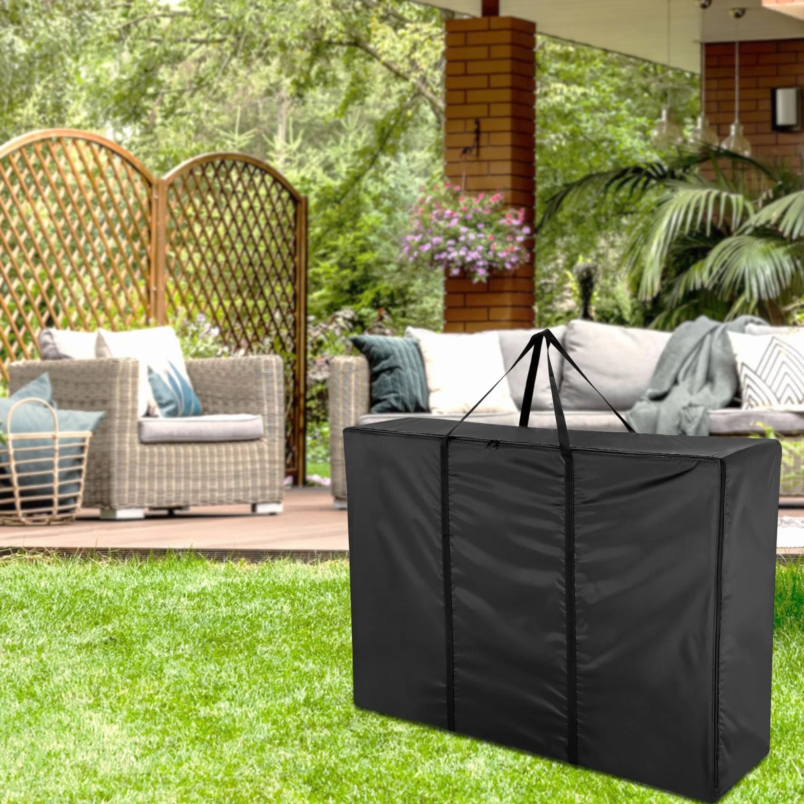 Borsa portaoggetti da giardino, impermeabile 420D, per cuscini da giardino, con chiusura lampo e maniglie, grande borsa nera (120 x 30 x 80 cm)