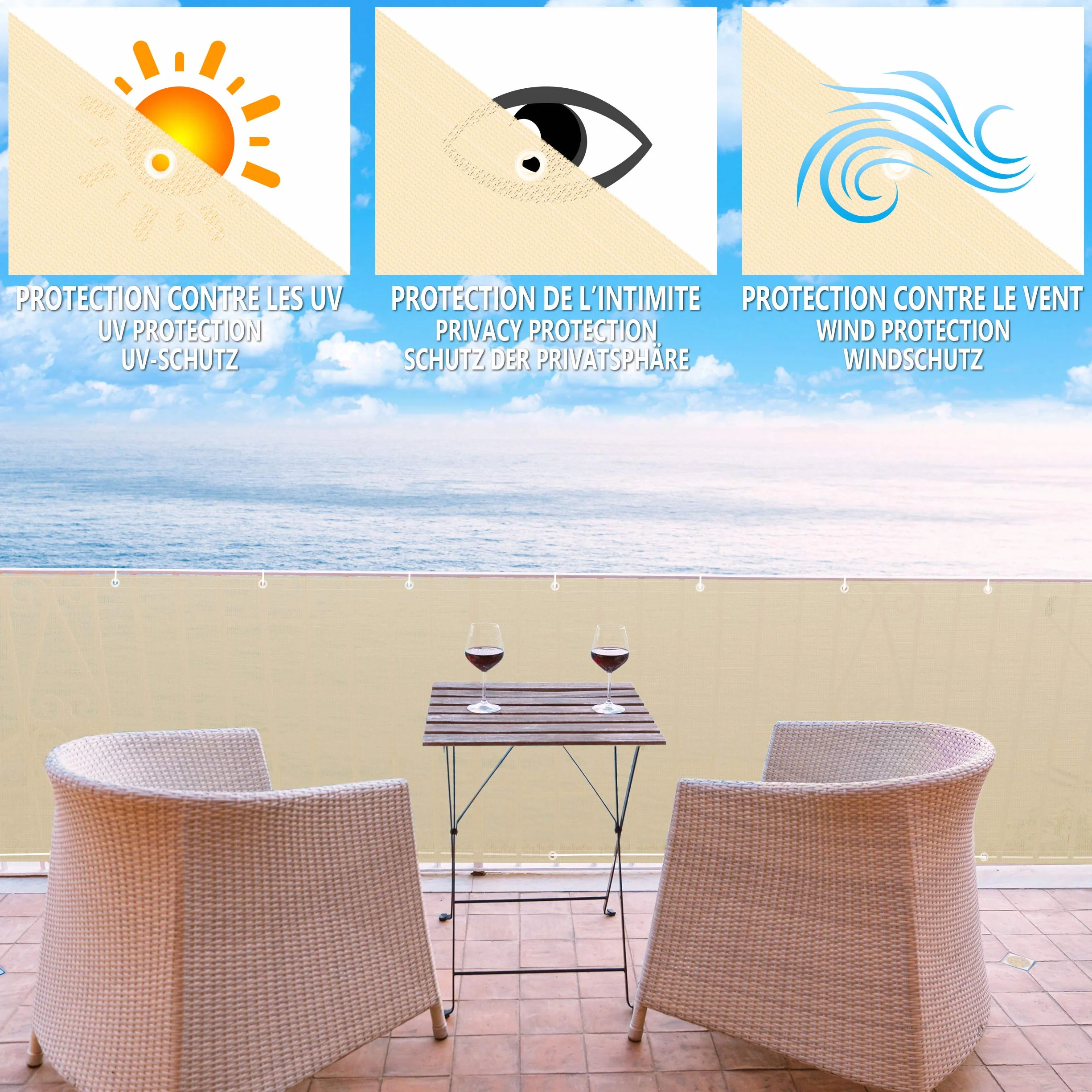 VOUNOT® Telo Frangivista per Balcone Giardino, Frangivento in HDPE, 90x600 cm, Privacy Recinzione Copertura per Balcone, Beige