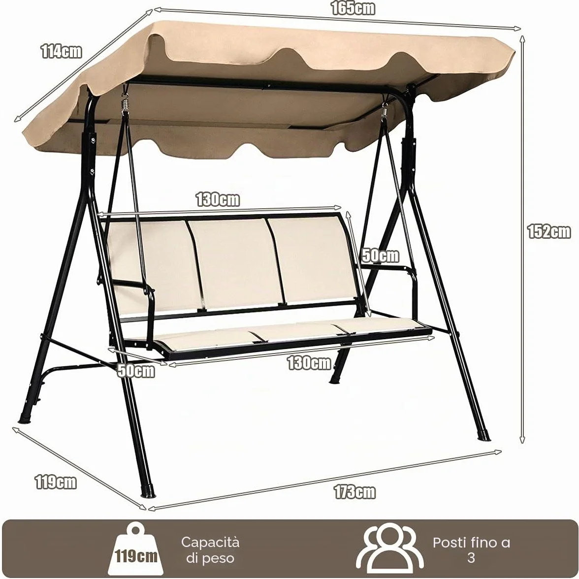 GIANTEX Dondolo da Giardino, a 3 Posti, Tetto di Ricambiabile, Telaio in Metallo e Texteline, con Copertura Anti-UV e Anti-Acqua, Arredo per Esterno, 173x119x152 cm, 2 Colori (1)