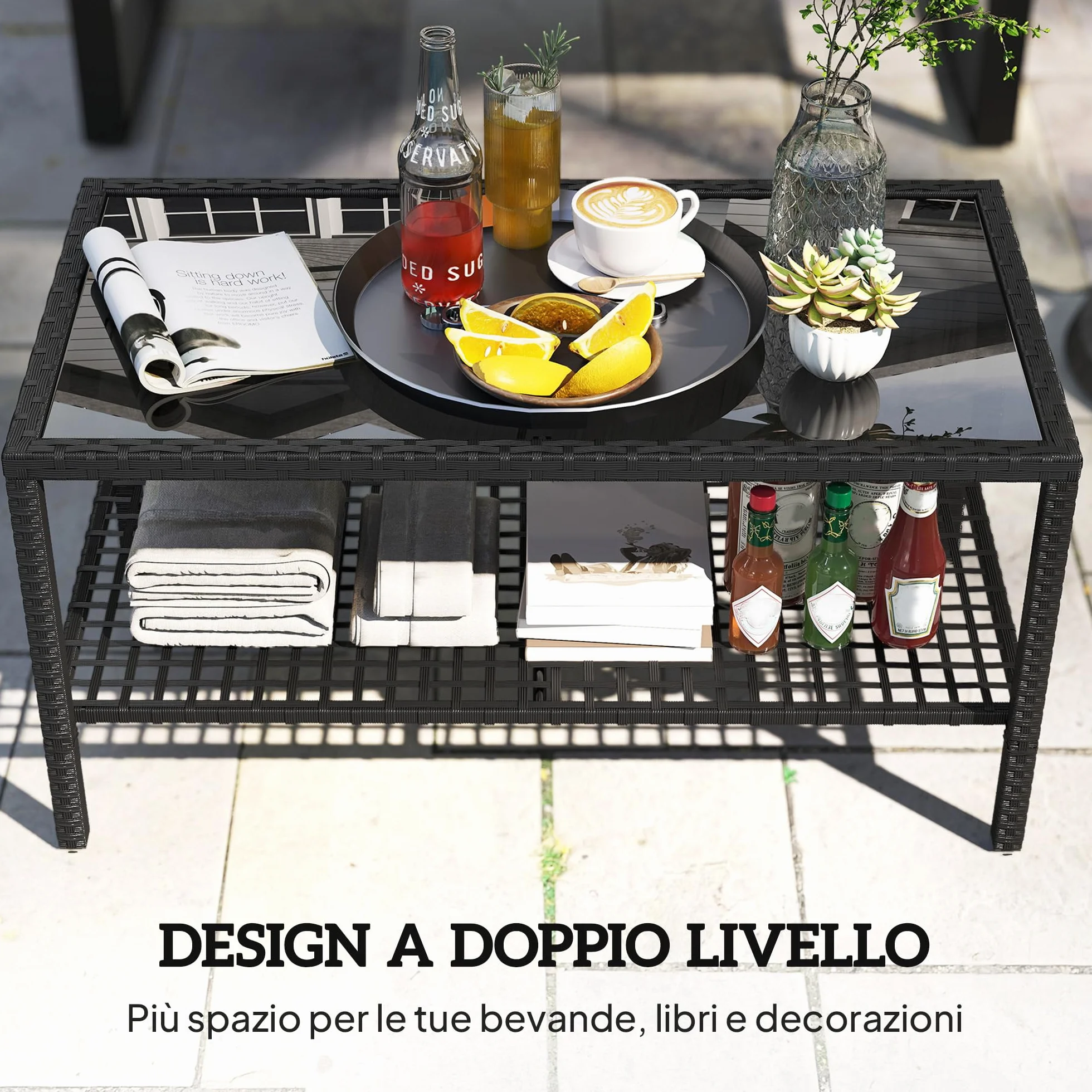 Outsunny Tavolino da Caffè in Rattan a 2 livelli con Ripiano, Piano in Vetro Temperato, Tavolino da Esterno con Struttura in Acciaio, 92x50x45 cm, Nero