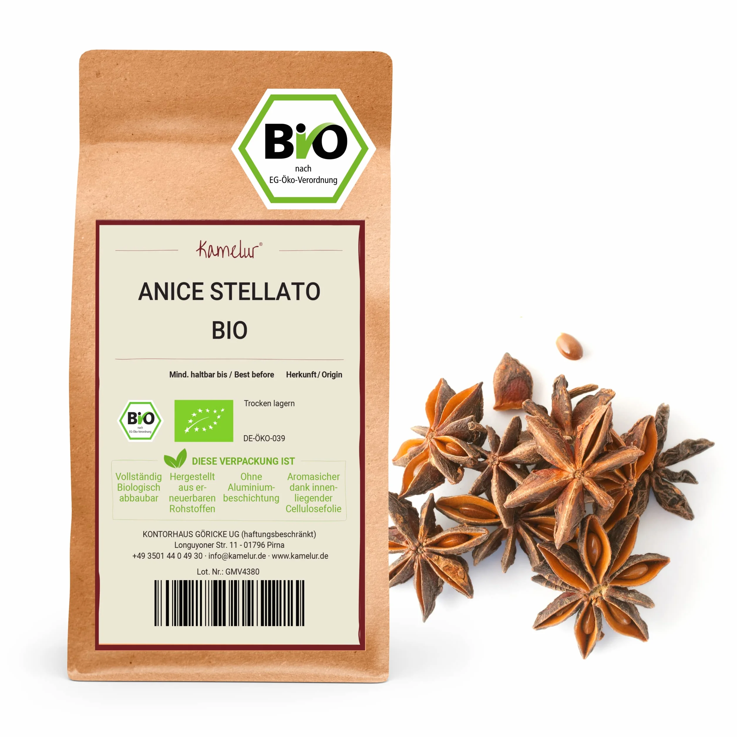 500g di anice stellato intero BIO - anice stellato biologico fine, piccante e di alta qualità, senza additivi - in confezione biodegradabile