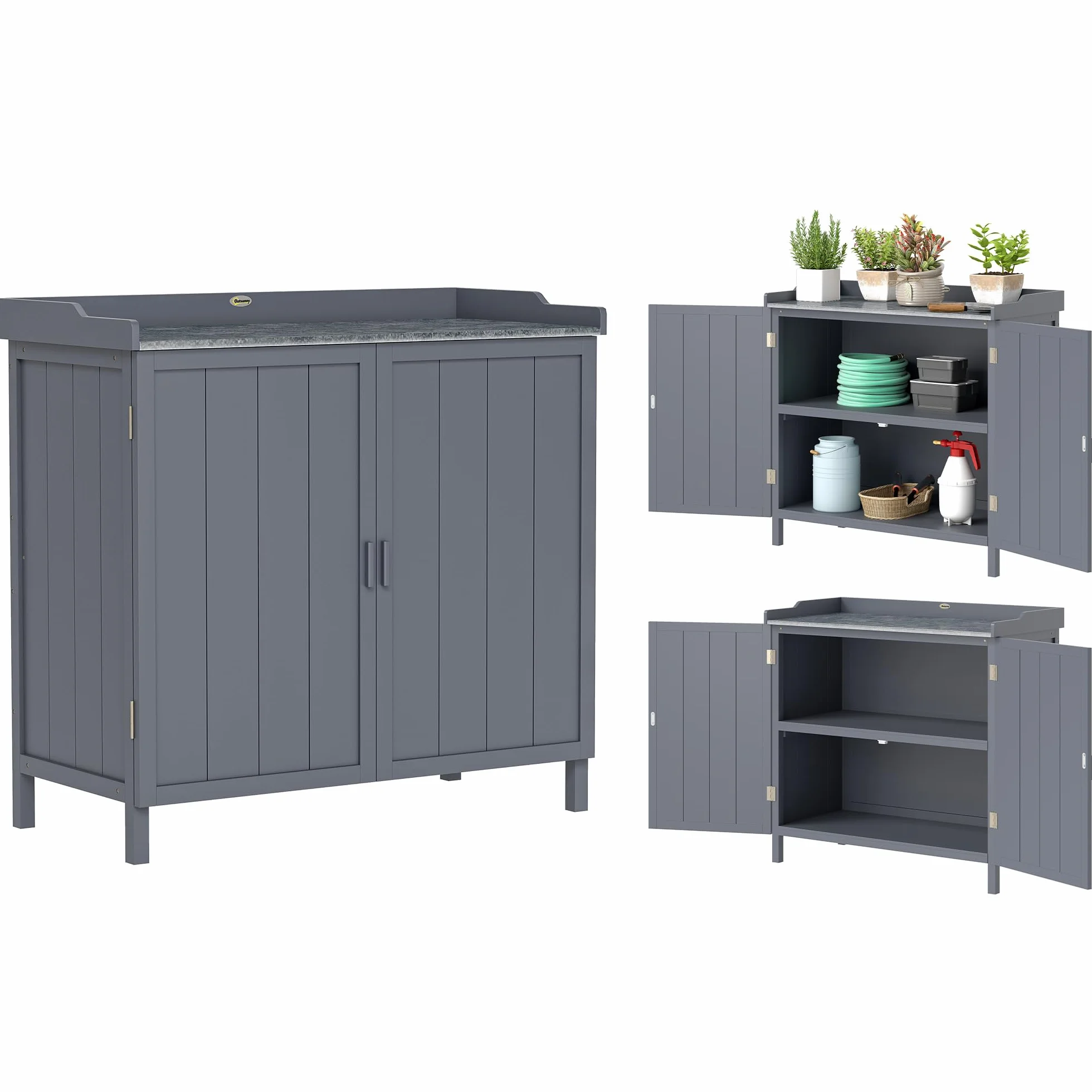 Outsunny Armadietto da Esterno in Legno di Abete con Piano da Lavoro in Metallo Zincato e 2 Ripiani Porta Attrezzi, 98x48x95.5 cm, Grigio