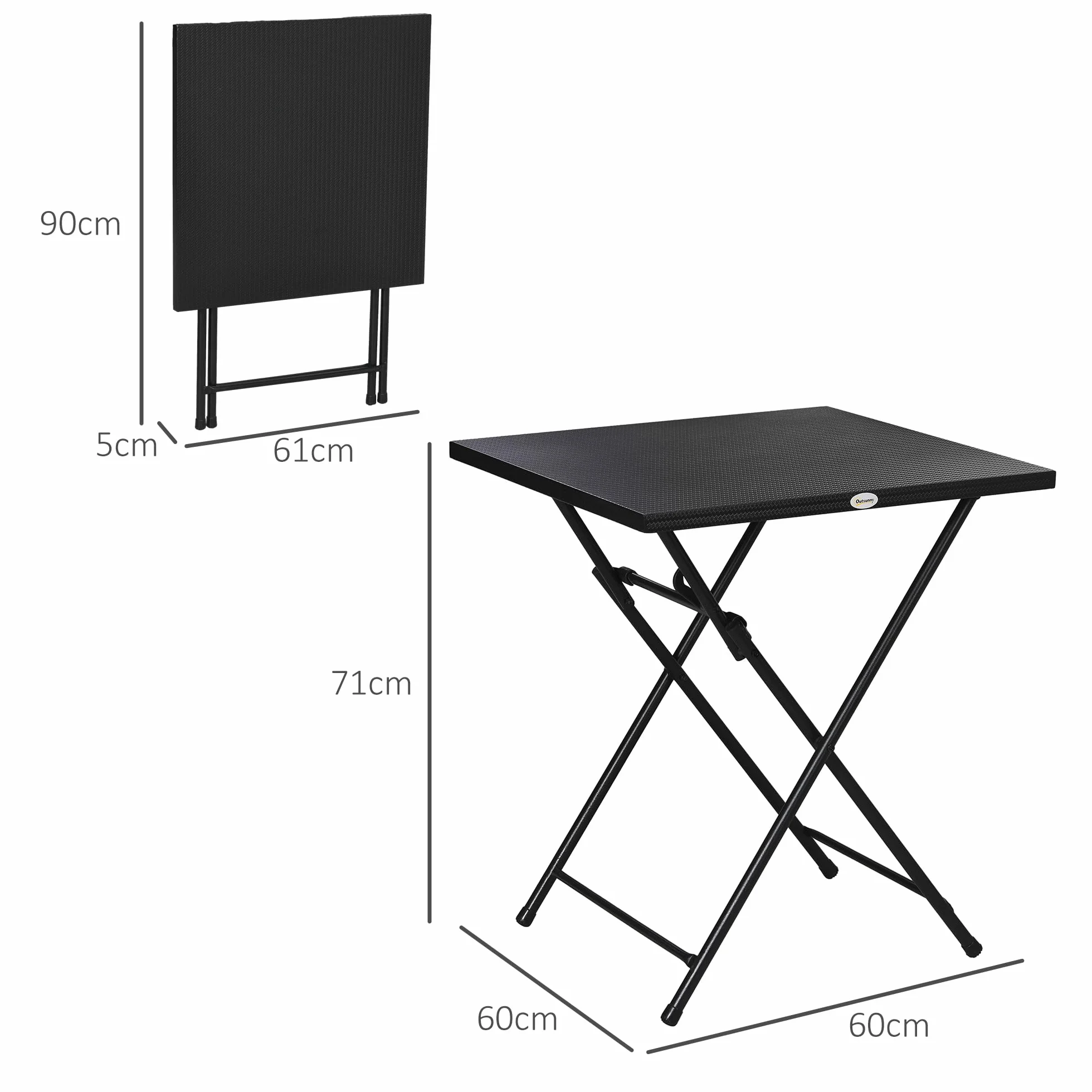 Outsunny Tavolino Pieghevole Quadrato con Piedini Antiscivolo, Tavolino da Esterni in Acciaio, 60x60x71 cm, Nero