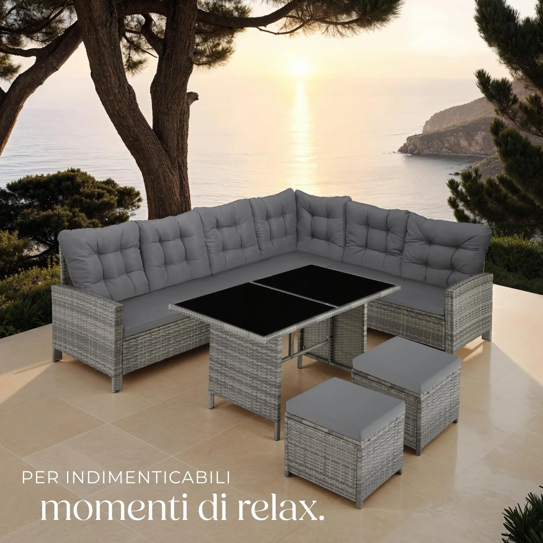 tectake® Set Salotto Rattan, Salotto da Giardino Esterno, Telaio Acciaio, Tavolino da Salotto 2 Piani in Vetro, Divani, Cuscini Relax, Sgabelli Poggiapiedi, Piscina, Giardino - Grigio Mélange/Grigio