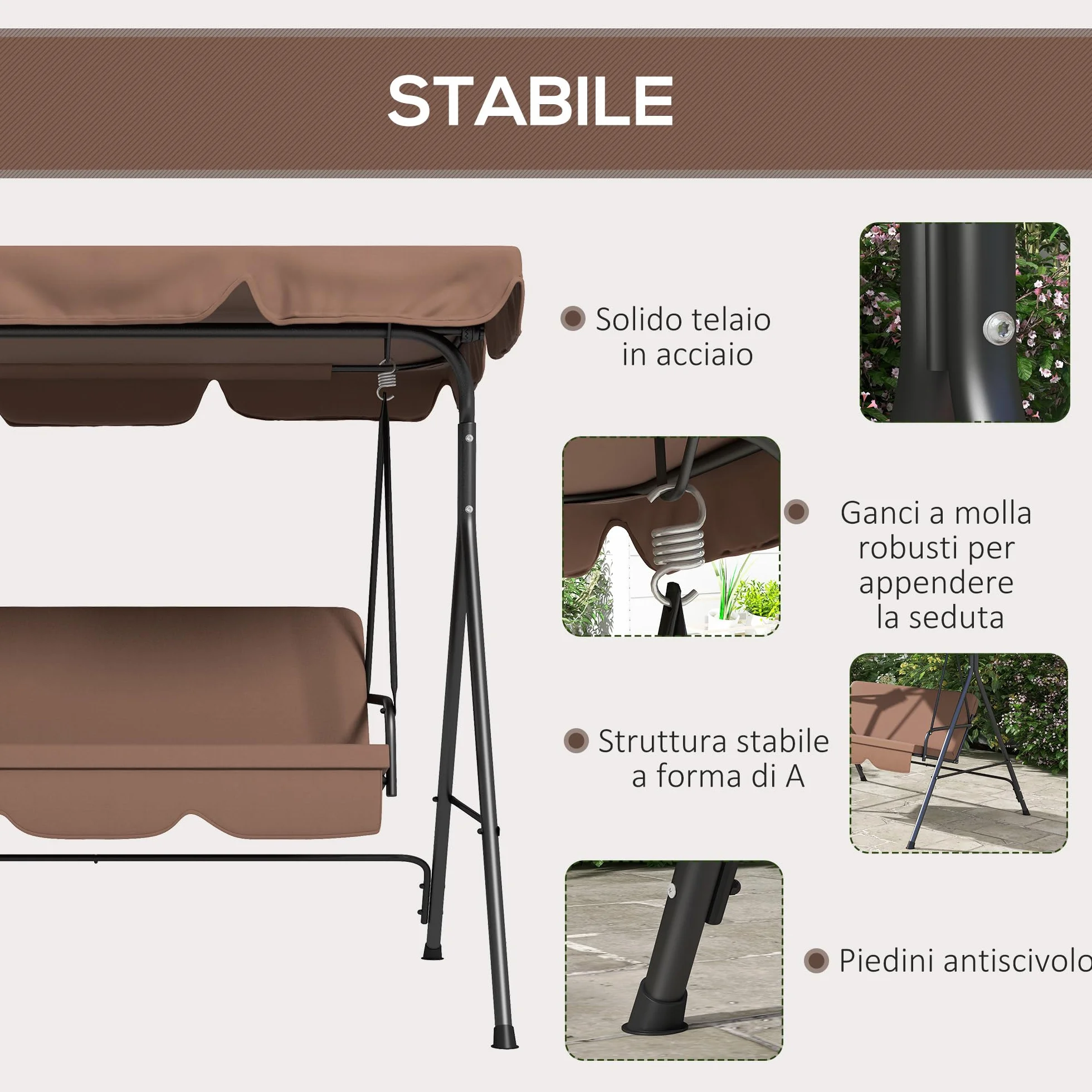 Outsunny Dondolo da Giardino 3 Posti con Tettuccio Parasole Regolabile, Dondolo da Esterno con Seduta Traspirante in Texteline e Metallo, Portata Fino a 240 kg, 172x110x153 cm, Marrone