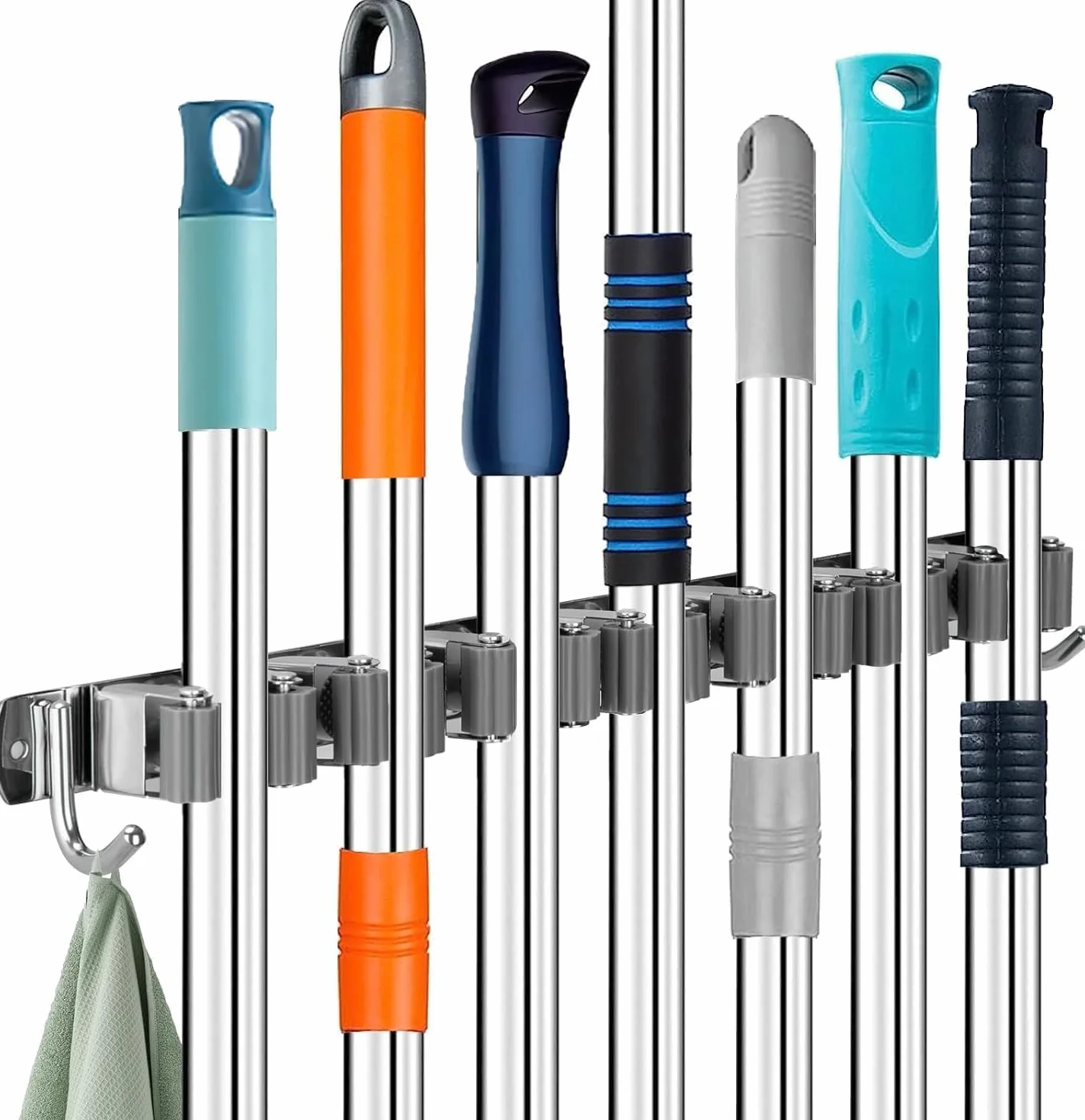 Porta Scope Parete, Appendi Scope a Muro con 7 Supporti e 2 Ganci Portascope da Muro, Autoadesivo Porta Attrezzi da Parete in Acciaio Inox per Bagno, Cucina, Garage, Terrazza