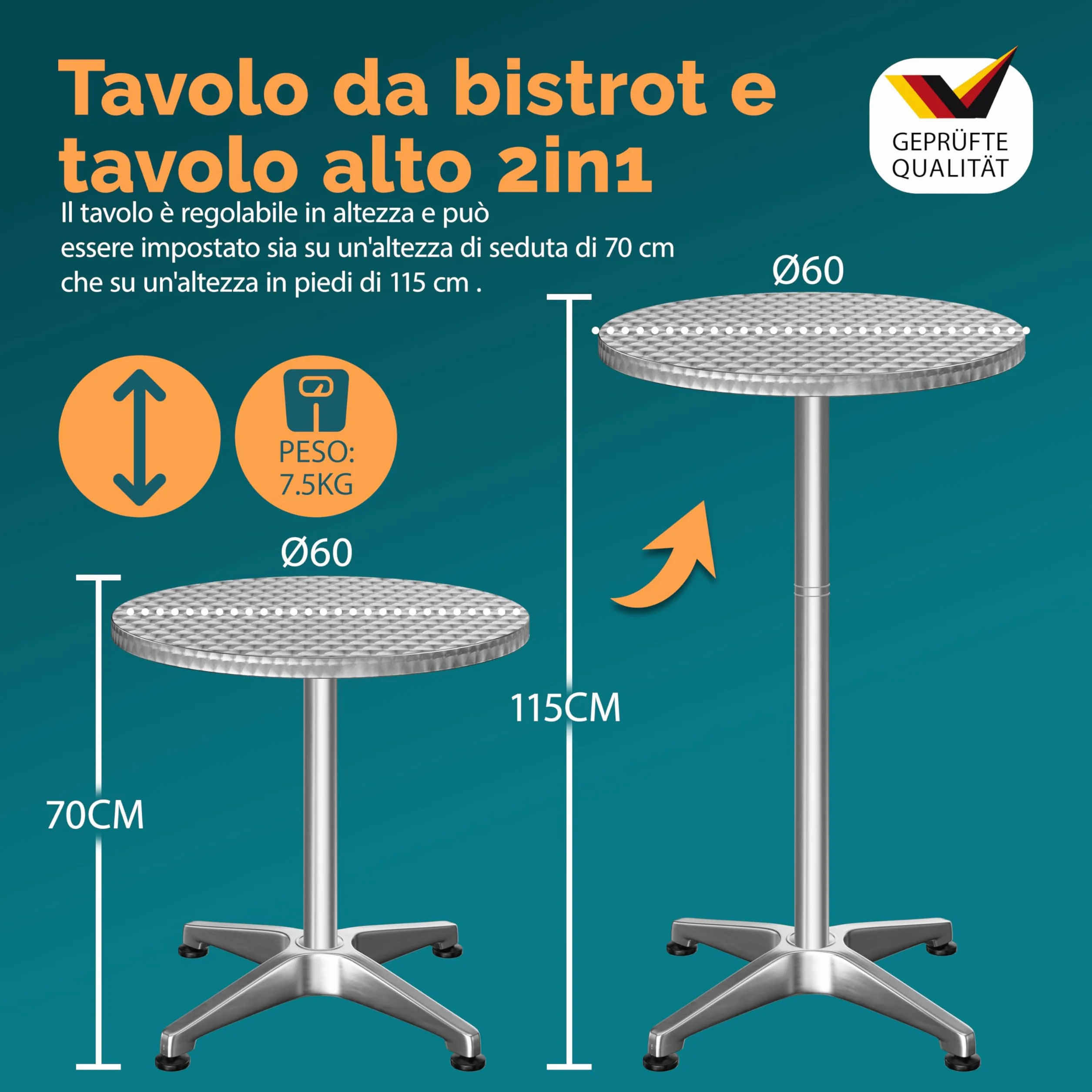 Casaria® Tavolo Alto da Bar 2in1 con Fodera Regolabile in Altezza 70 cm / 115 cm in Alluminio Rotondo Ø60 cm Pieghevole per Esterni Giardino Bistrot Feste Tavoli da Ricevimento